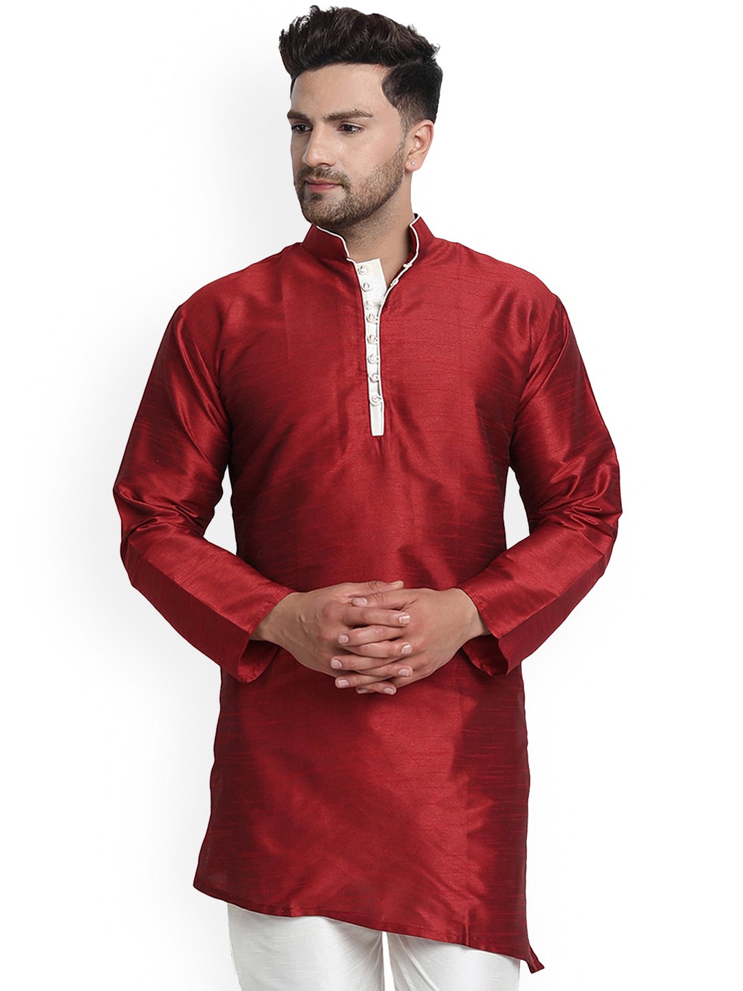 

Enciger Mandarin Collar Dupion Silk Straight Kurta, Red