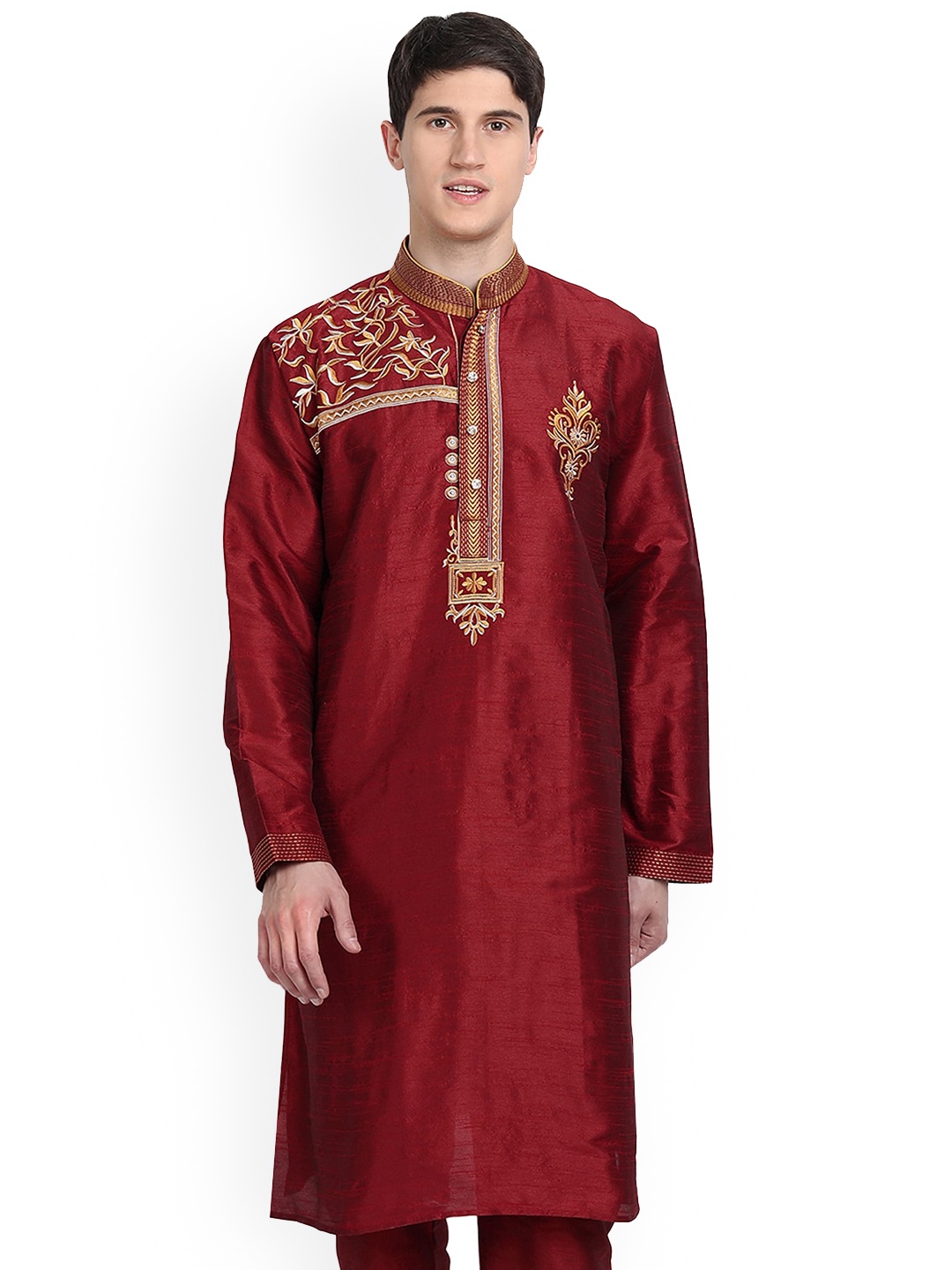 

Enciger Yoke Design Thread Work Mandarin Collar Kurta, Red