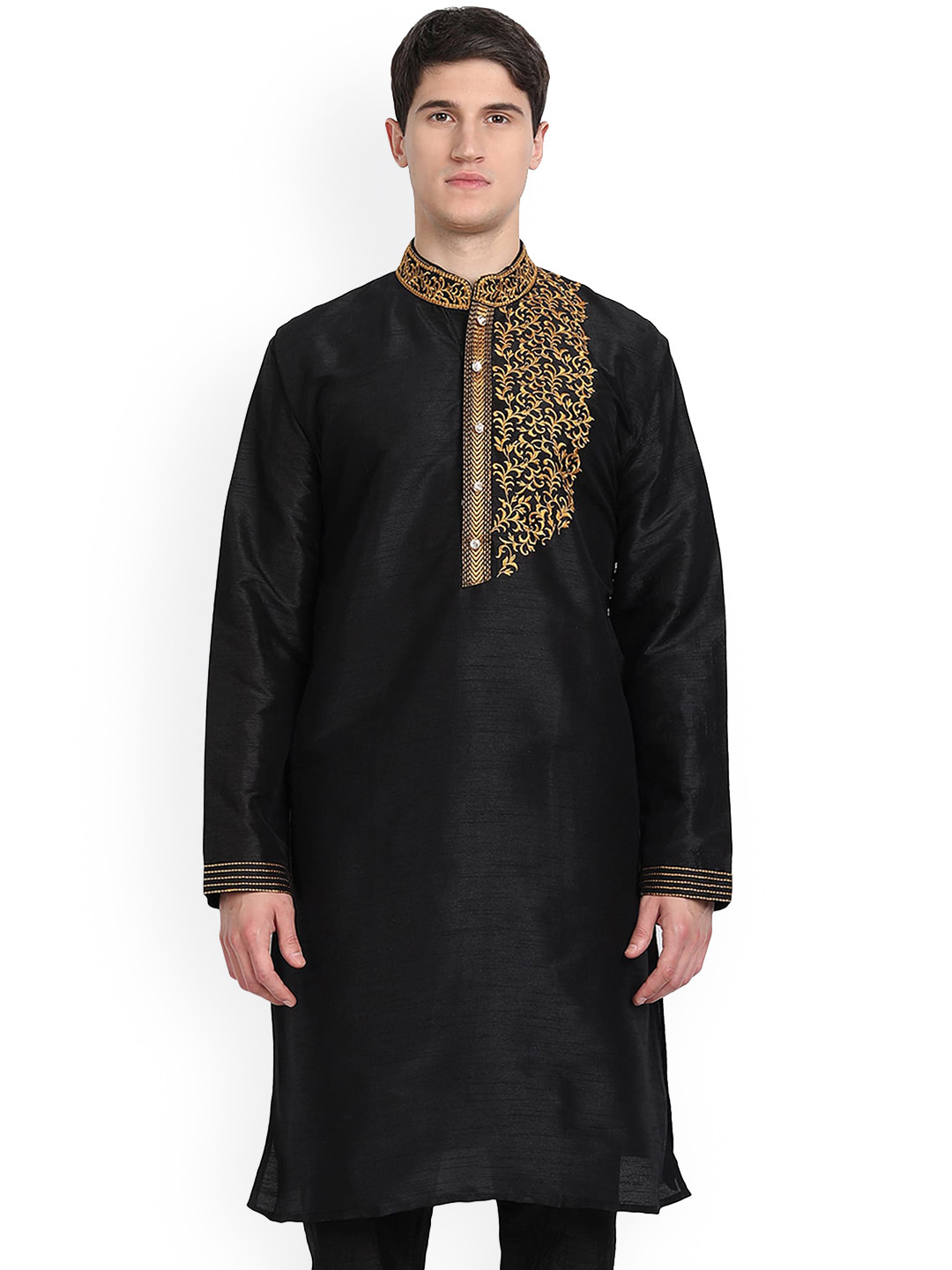 

Enciger Floral Embroidered Mandarin Collar Straight Kurta, Black