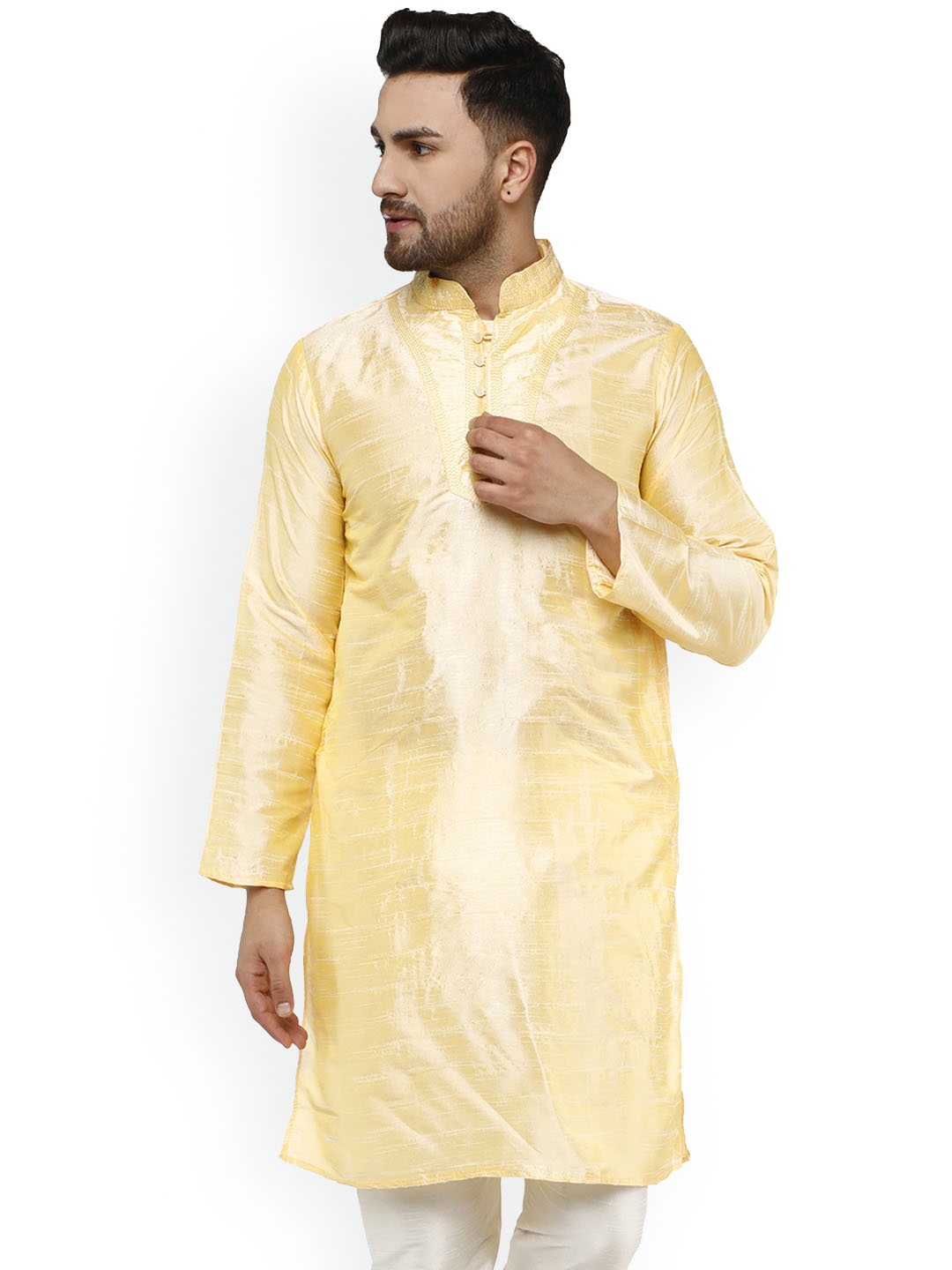 

Enciger Mandarin Collar Long Sleeve Thread Work Straight Kurta, Beige