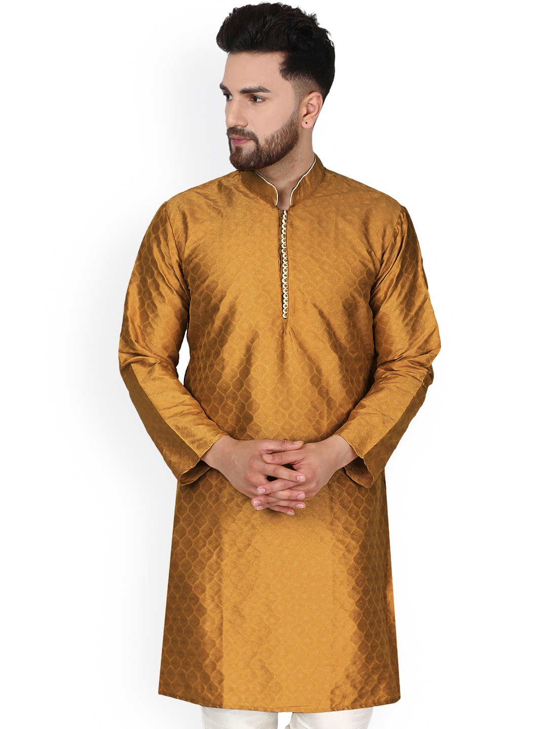 

Enciger Geometric Woven Design Mandarin Collar Kurta, Brown