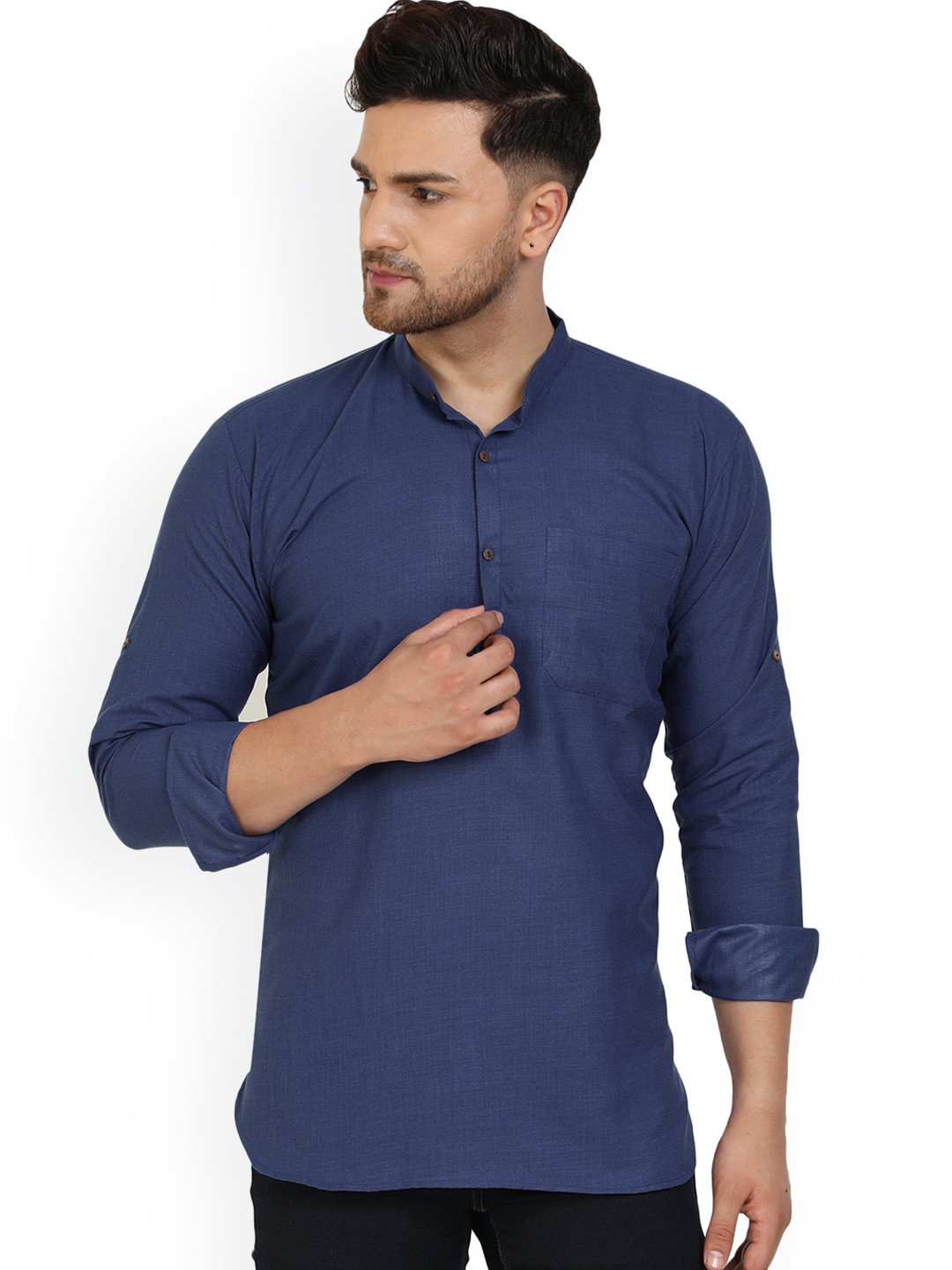 

Enciger Band Collar Cotton Straight Kurta, Navy blue