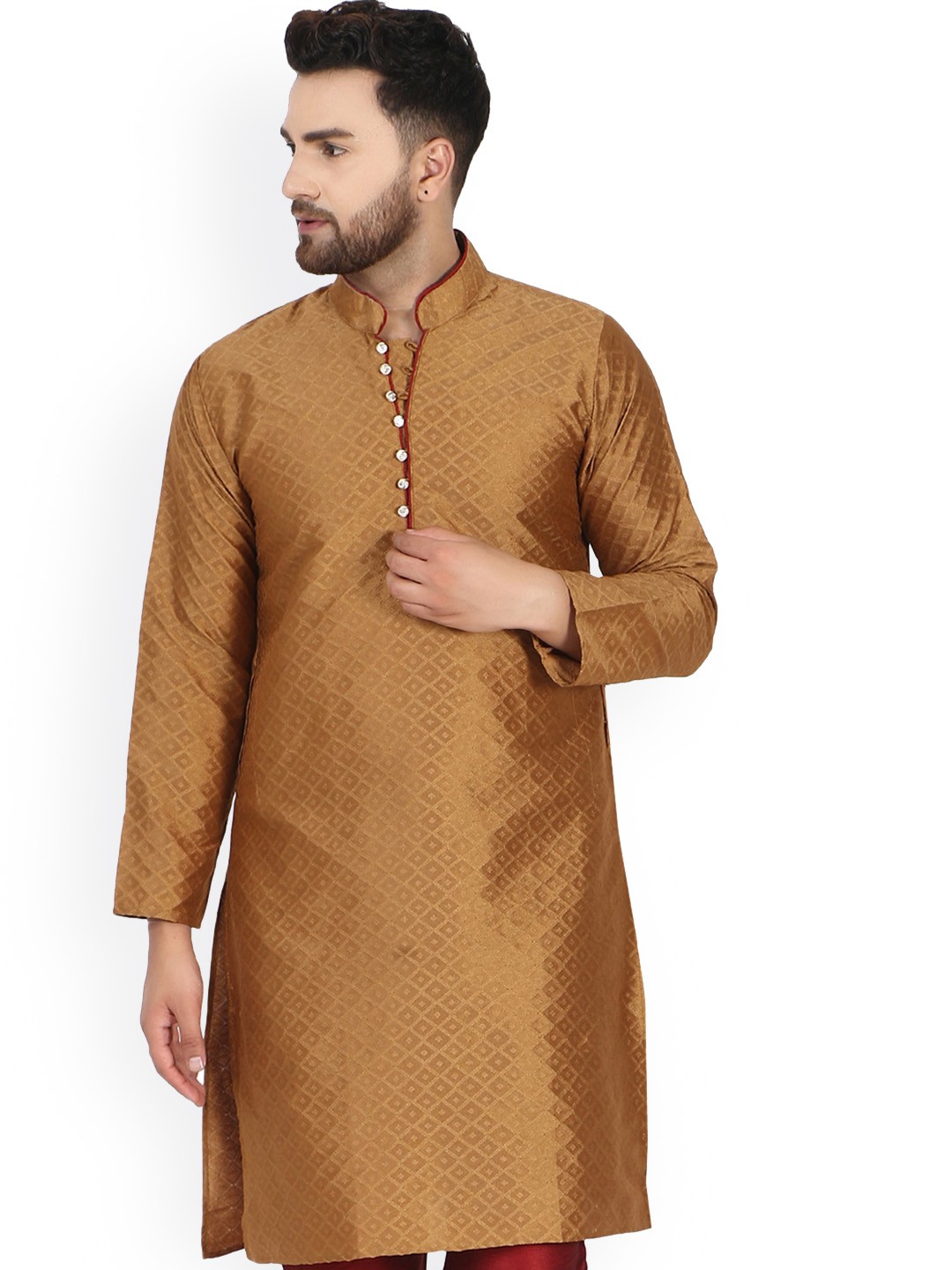 

Enciger Geometric Woven Design Mandarin Collar Dupion Silk Straight Kurta, Brown