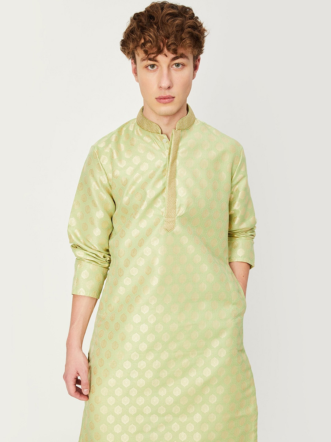 

max Ethnic Motifs Woven Design Mandarin Collar Kurta, Green
