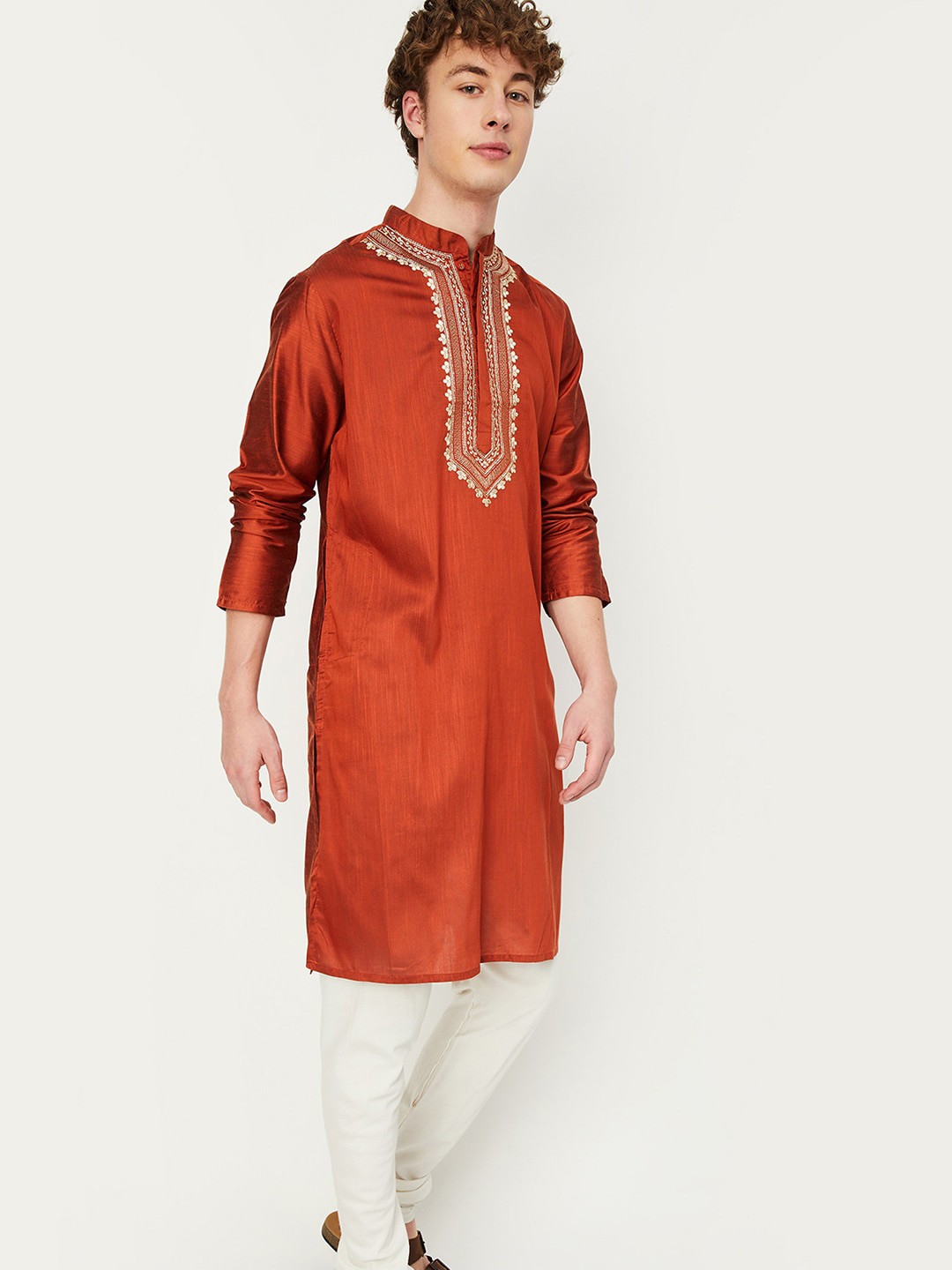 

max Mandarin Collar Floral Embroidered Yoke Design Kurta, Orange