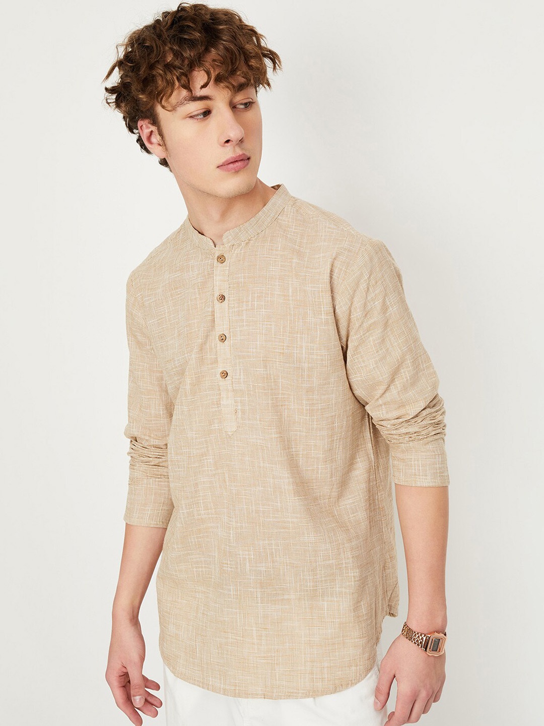 

max Woven Design Checked Mandarin Collar Pure Cotton Kurta, Beige