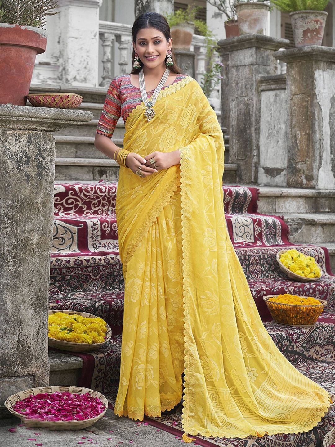 

Mitera Yellow & Gold-Toned Floral Woven Design Beads & Stones Silk Blend Saree