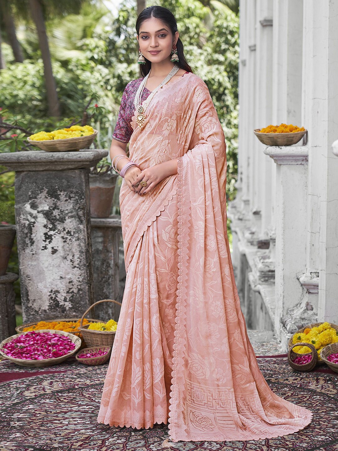 

Mitera Peach-Coloured Floral Woven Design Beads & Stones Silk Blend Saree