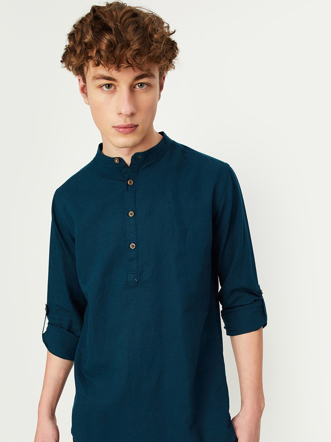 

max Band Collar Cotton Short Kurta, Blue