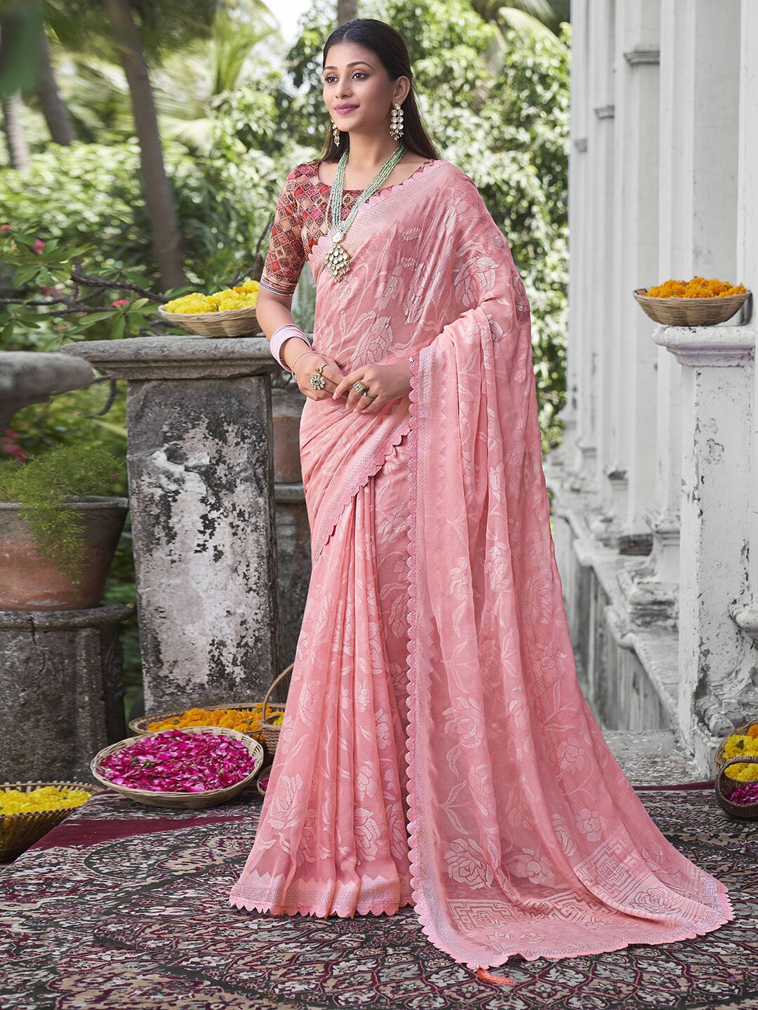 

Mitera Pink Floral Woven Design Beads & Stones Silk Blend Saree