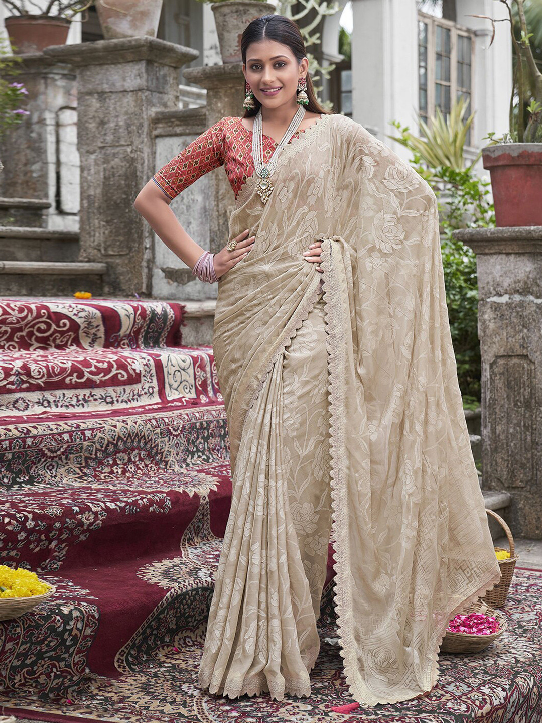 

Mitera Floral Beads and Stones Saree, Beige