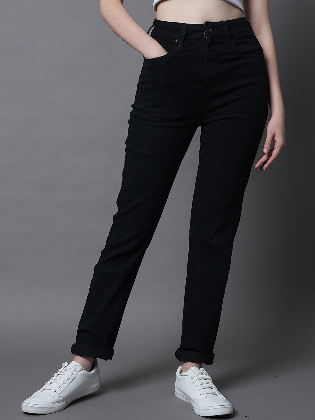 

High Star Women Straight Fit High-Rise Clean Look Stretchable Jeans, Black