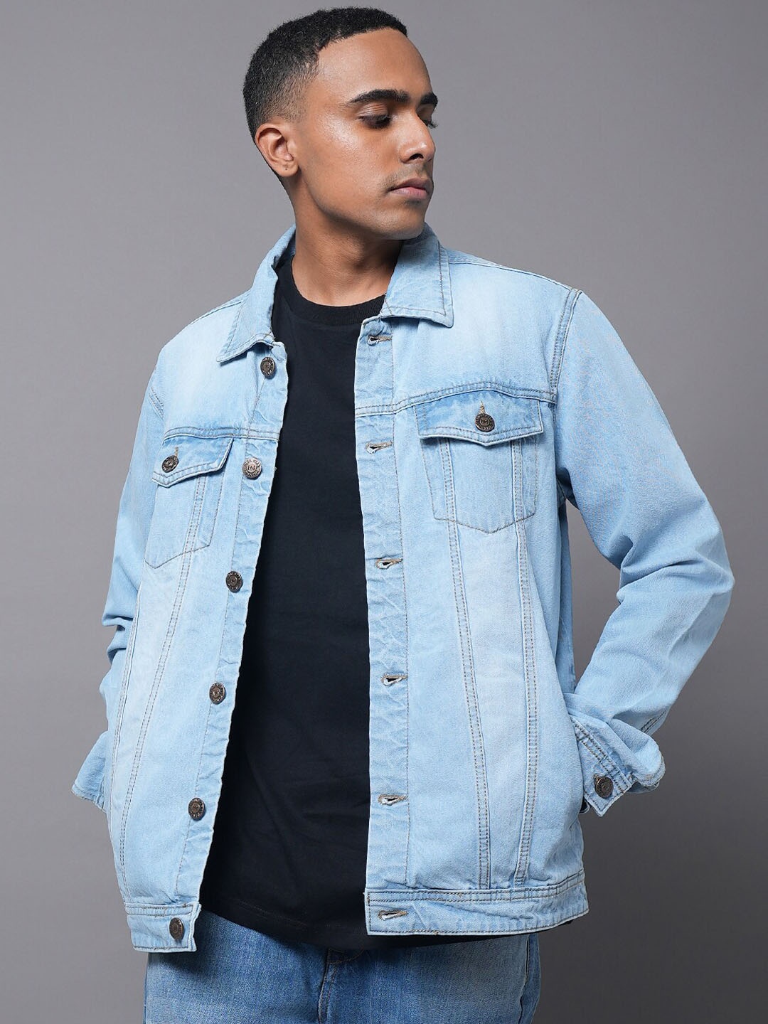 

High Star Washed Spread Collar Long Sleeves Denim Jacket, Blue