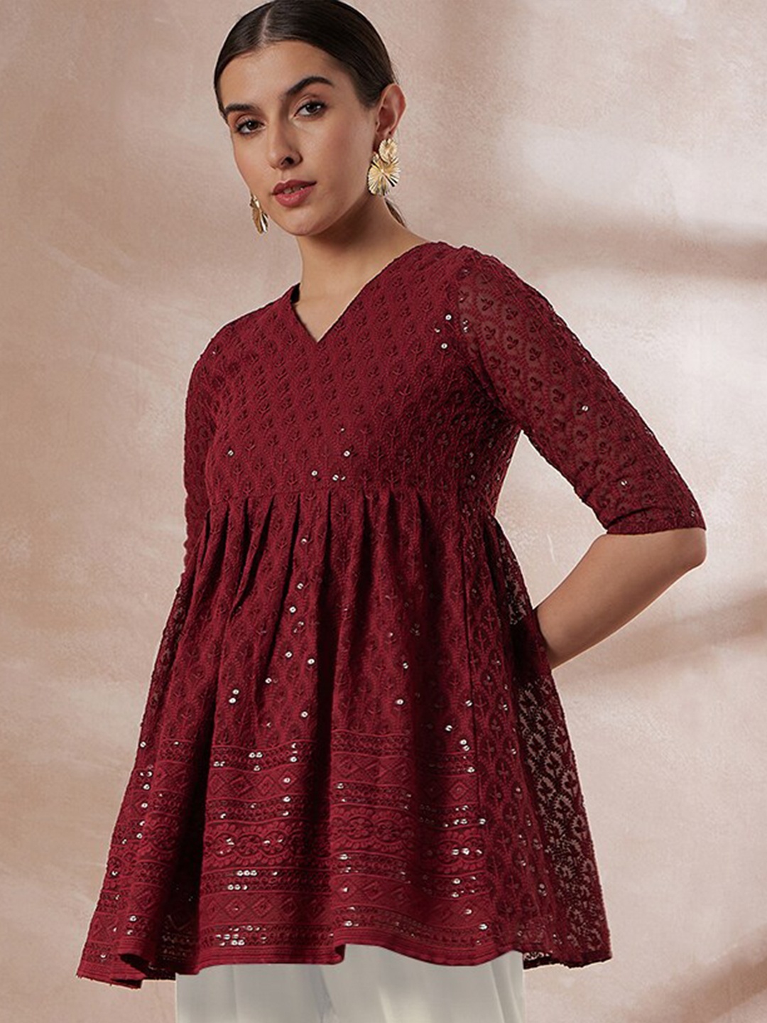 

all about you Geometric Embellished Georgette Chikankari Kurti, Maroon