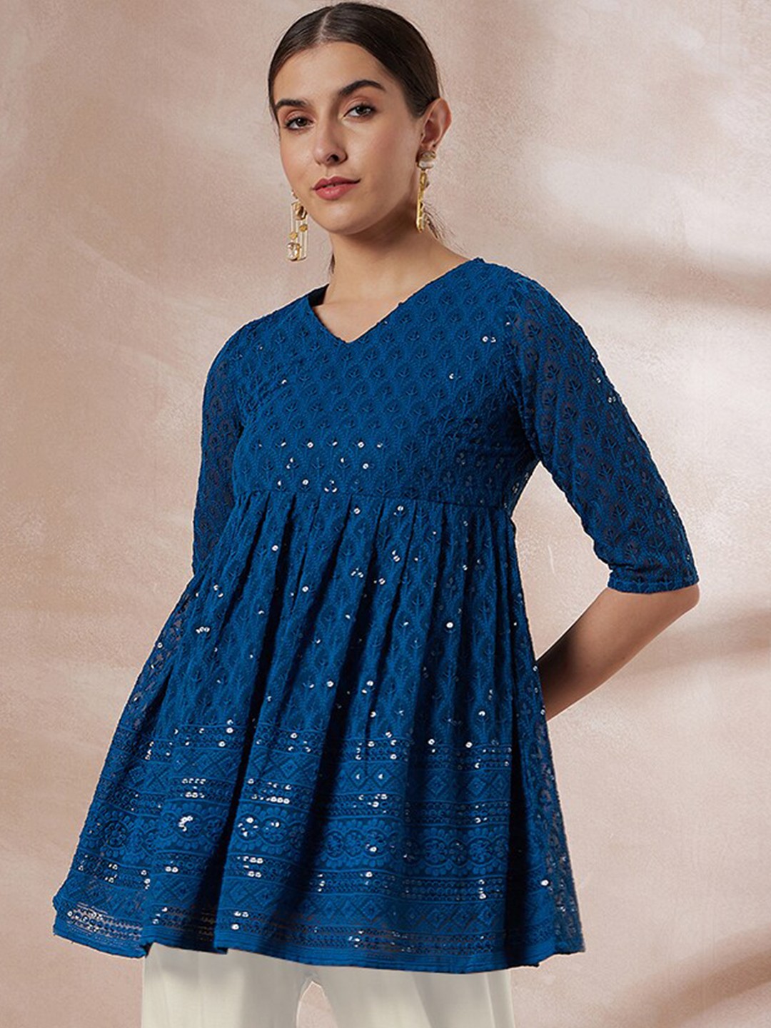 

all about you Ethnic Motifs Chikankari Embroidered V-Neck Kurti, Blue