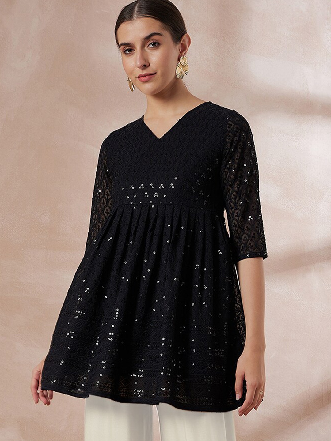 

all about you Geometric Embellished Georgette Chikankari Kurti, Black
