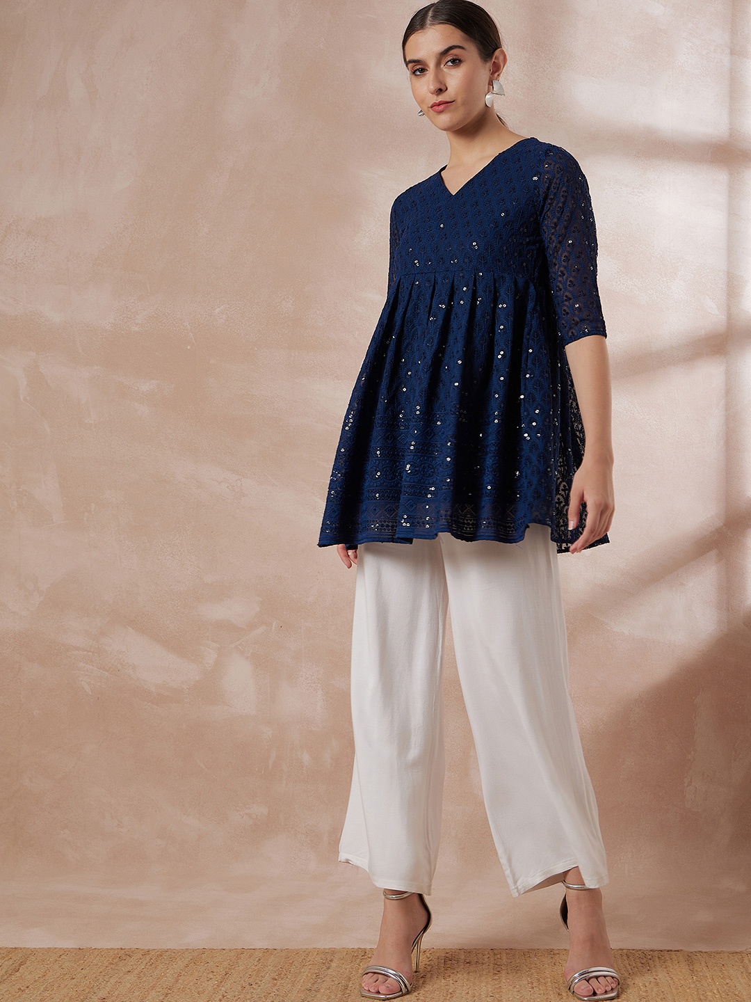 

all about you Chikankari Embroidered A-Line Kurti, Navy blue