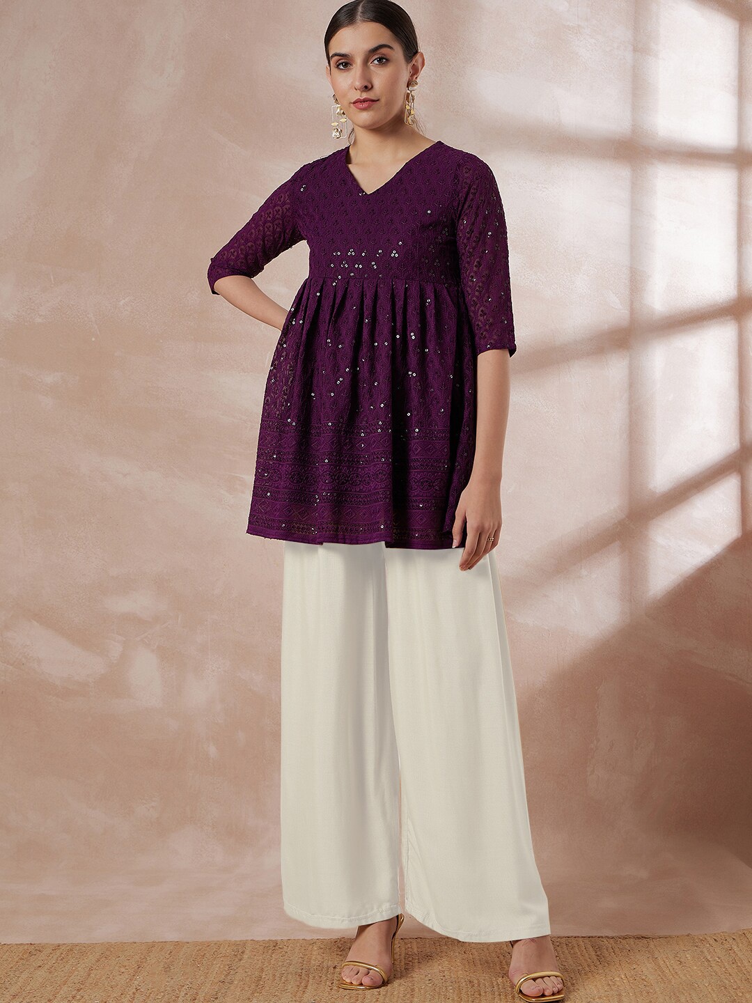 

all about you Ethnic Motifs Chikankari Embroidered V-Neck Kurti, Purple