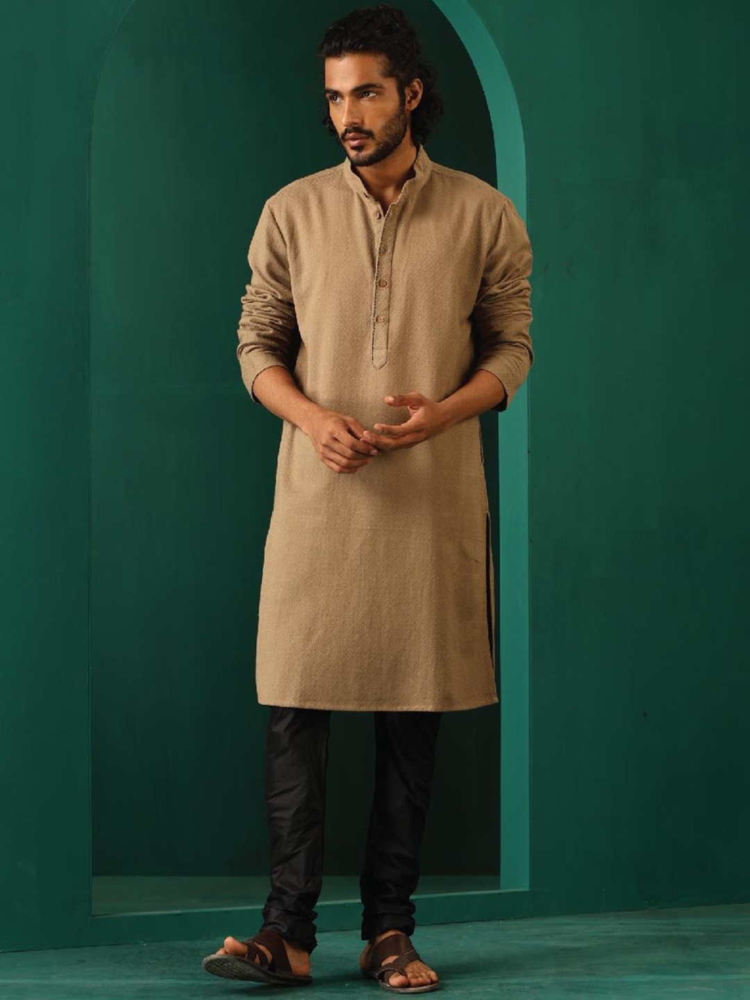 

trueBrowns Ethnic Motifs Woven Design Band Collar Cotton Straight Kurta, Beige