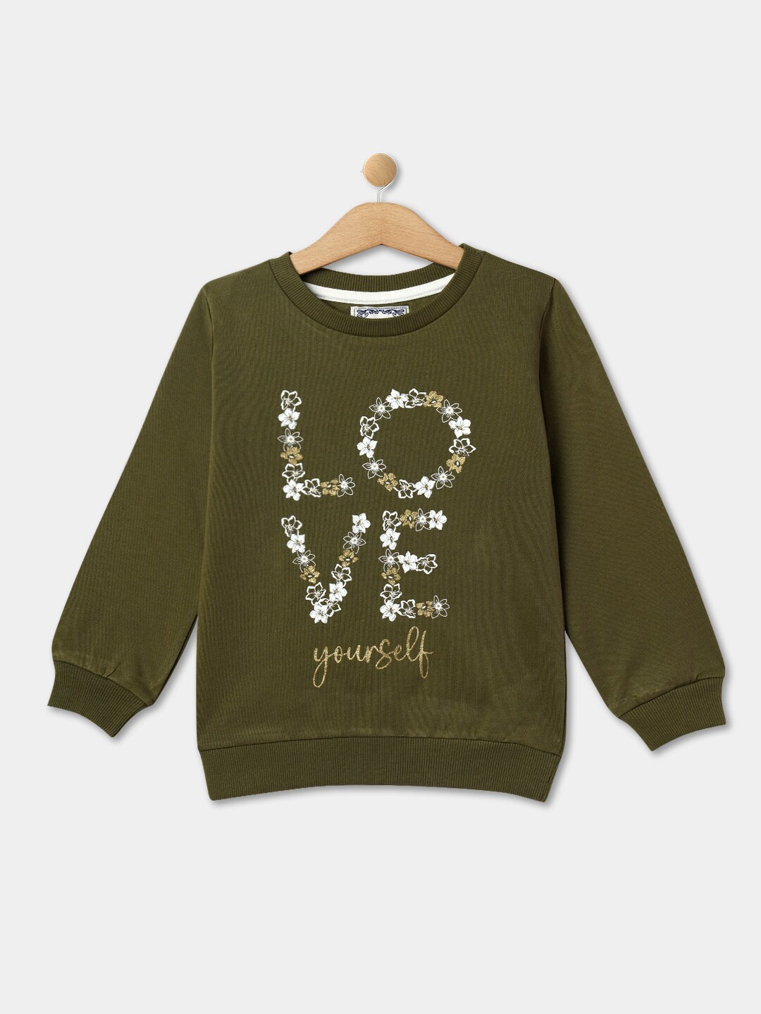

R&B Girls Typography Printed Cotton Sweatshirt, Olive