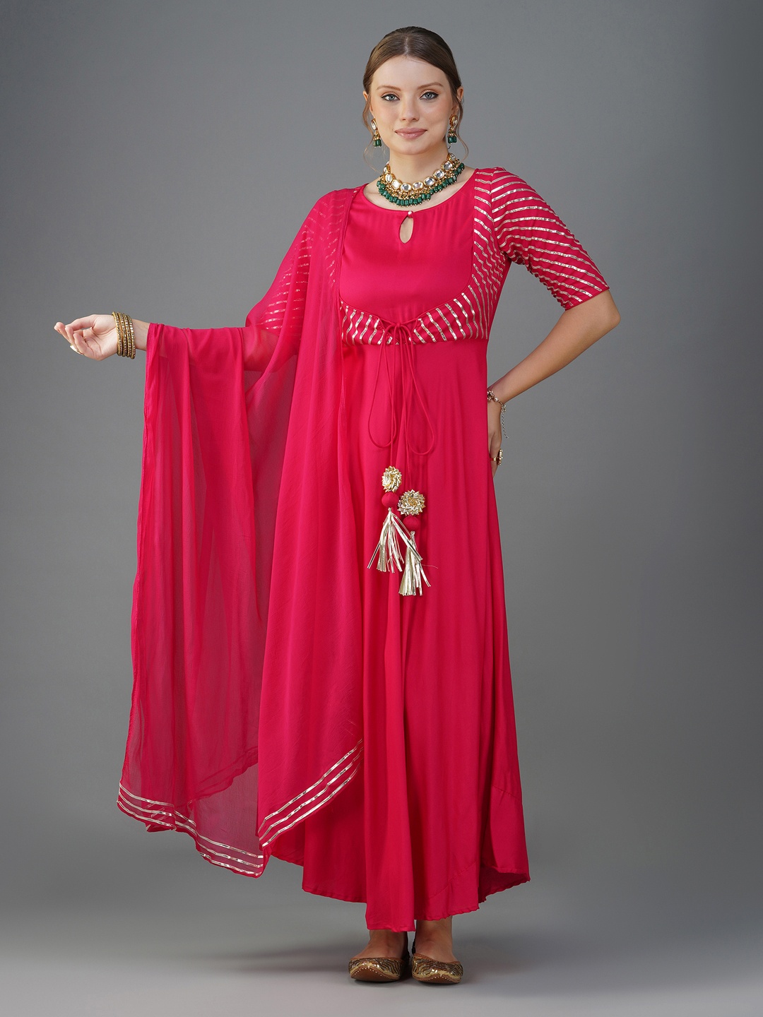 

METRO-FASHION Gotta Patti Anarkali Kurta With Trousers & Dupatta, Pink