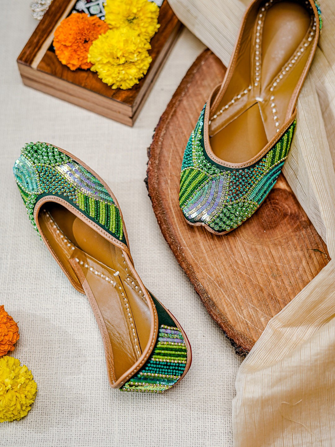 

NR By Nidhi Rathi Embellished Ethnic Mojaris, Green