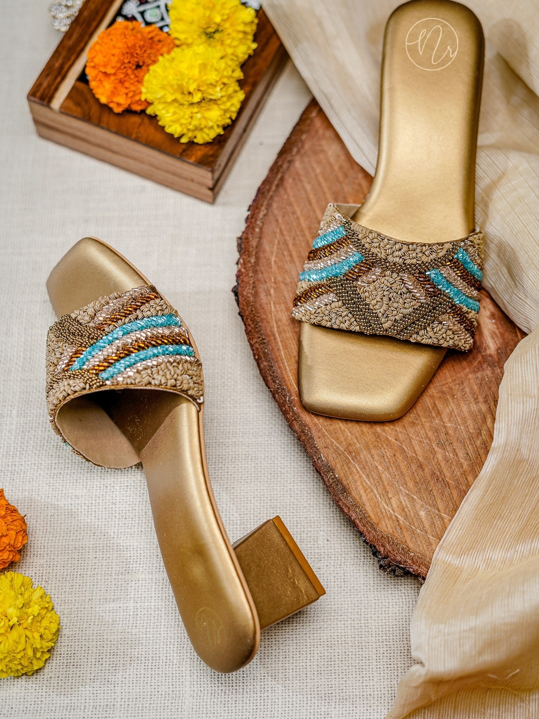 

NR By Nidhi Rathi Embellished Open Toe Block Heels, Bronze
