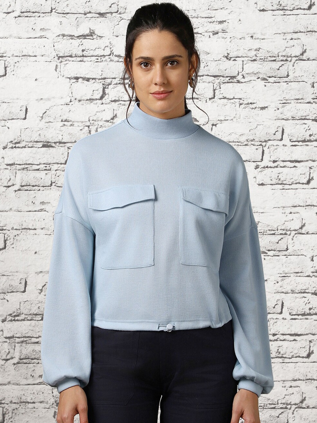 

NOBERO Oversized Flap Pocket Self Design Pullover, Blue