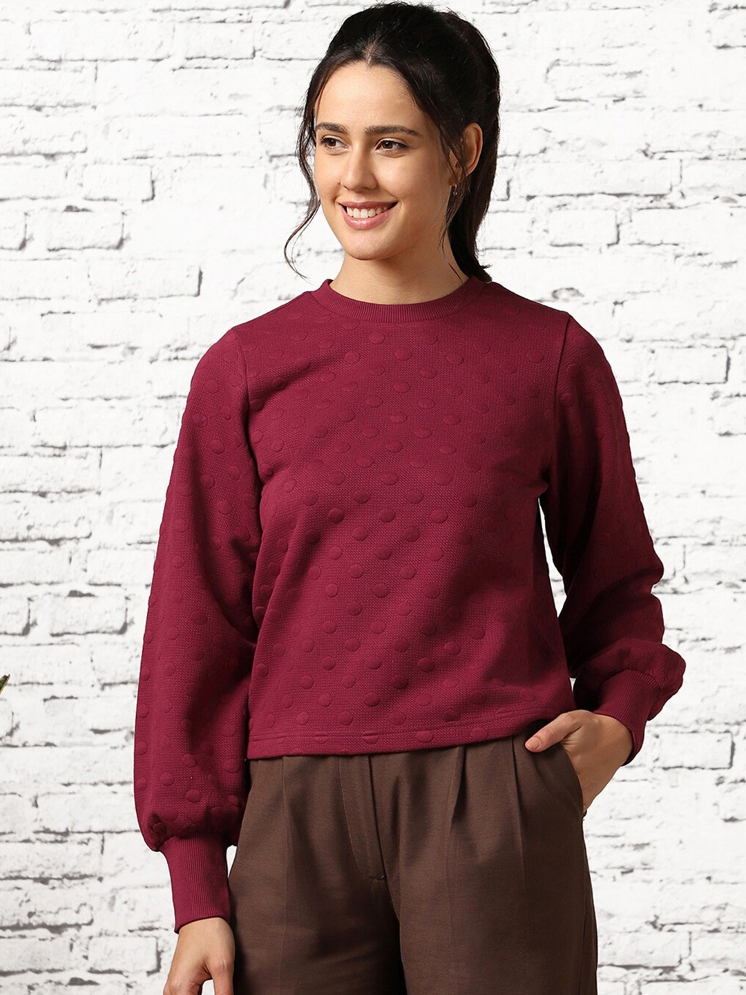 

NOBERO Bubble Knit Self Design Quilted Pullover, Maroon