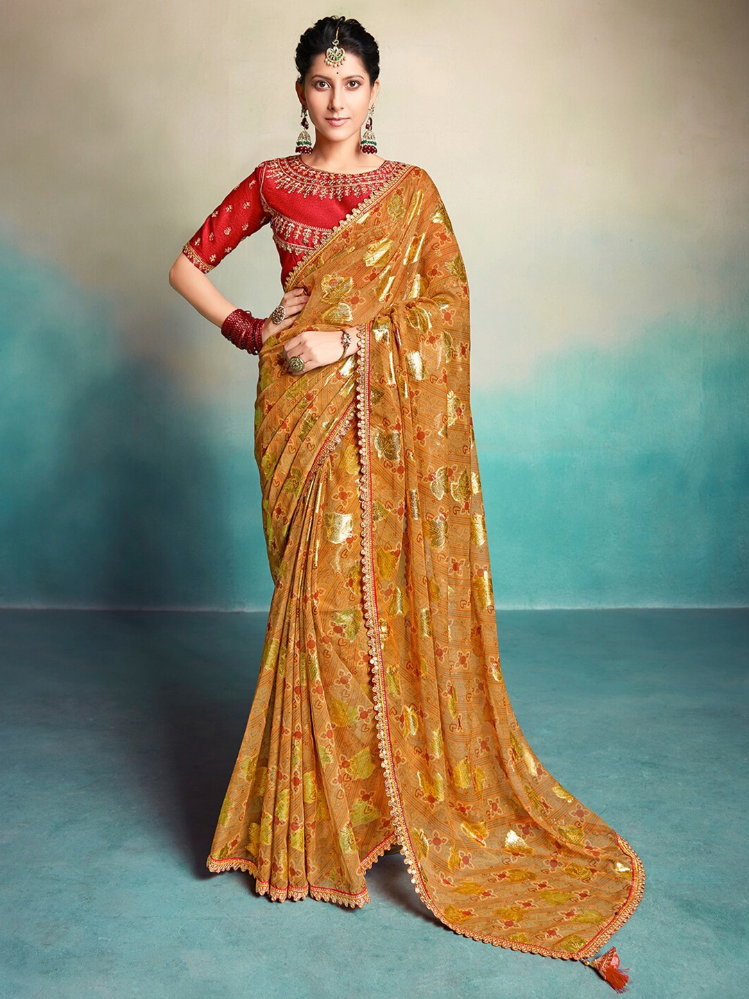 

Saree mall Ethnic Motifs Printed Pure Georgette Sarees, Mustard