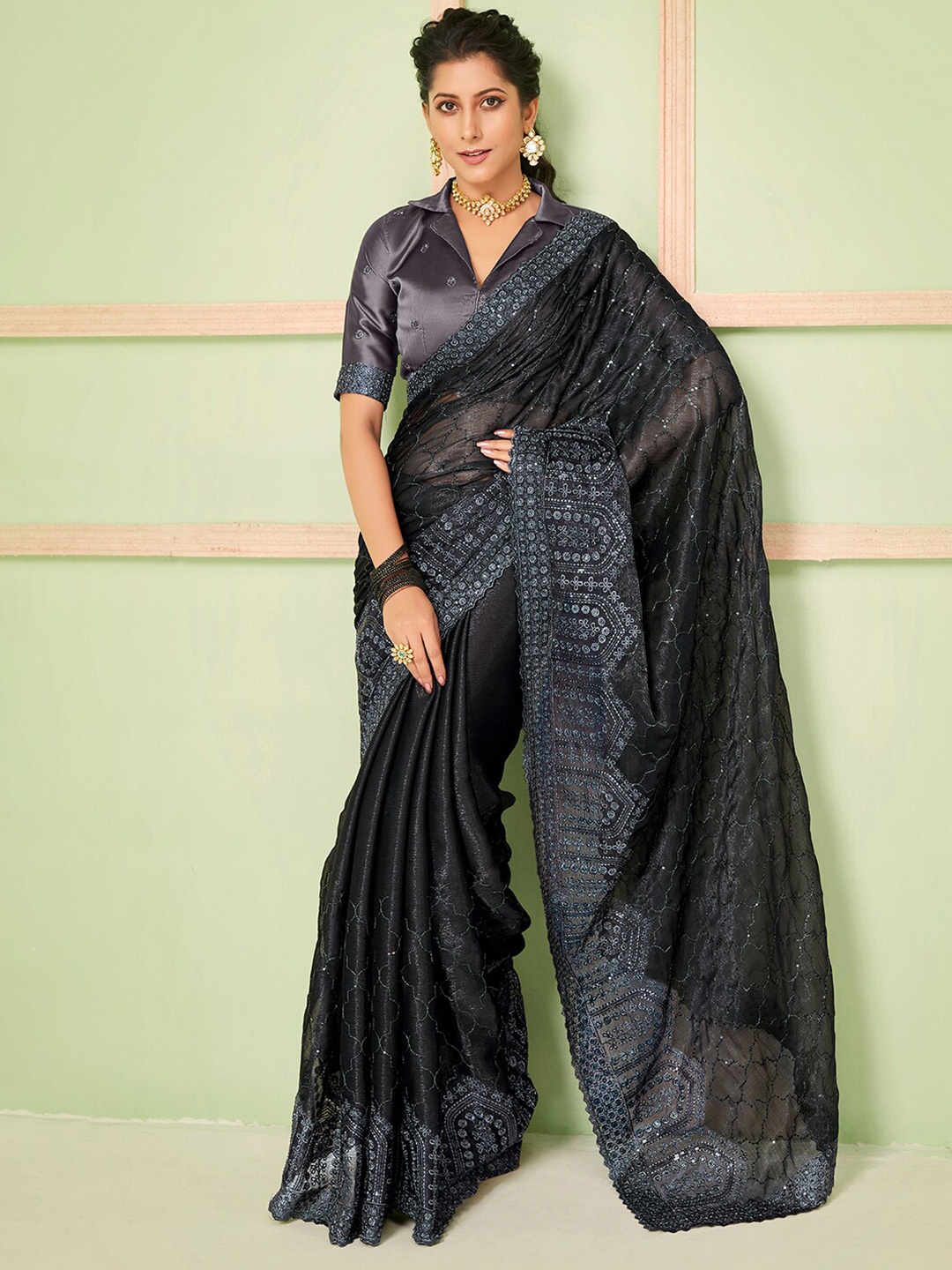 

Saree mall Ethnic Motifs Embellished Sequinned Detail Sarees, Black