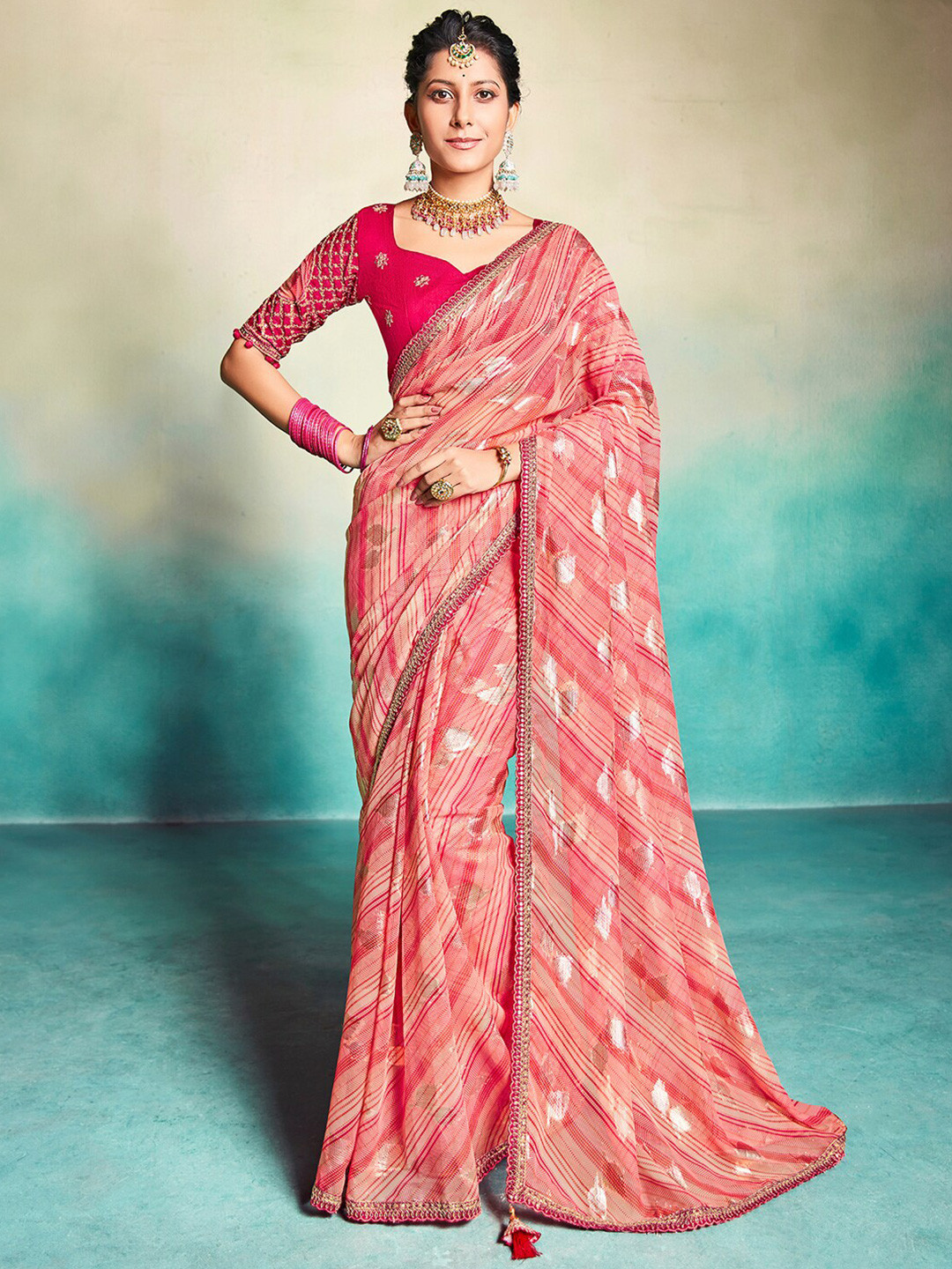 

Saree mall Leheriya Printed Pure Georgette Sarees, Pink