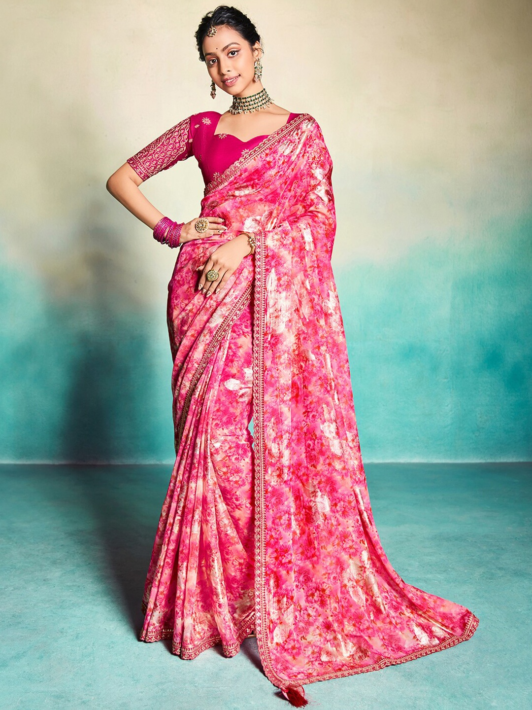 Saree mall Floral Printed Pure Georgette Leheriya Sarees, Pink