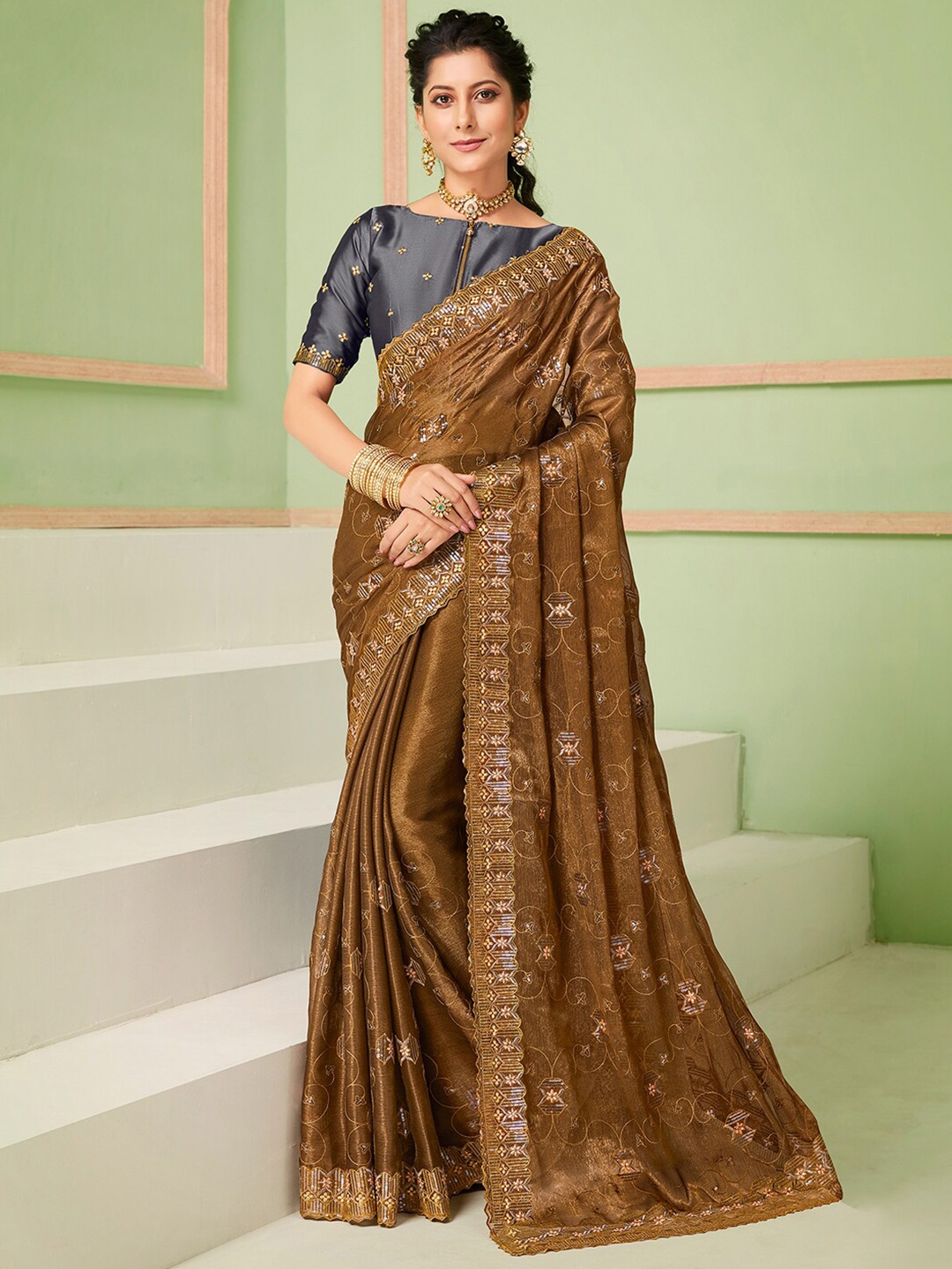 

Saree mall Floral Embroidered Sequinned Detail Sarees, Olive
