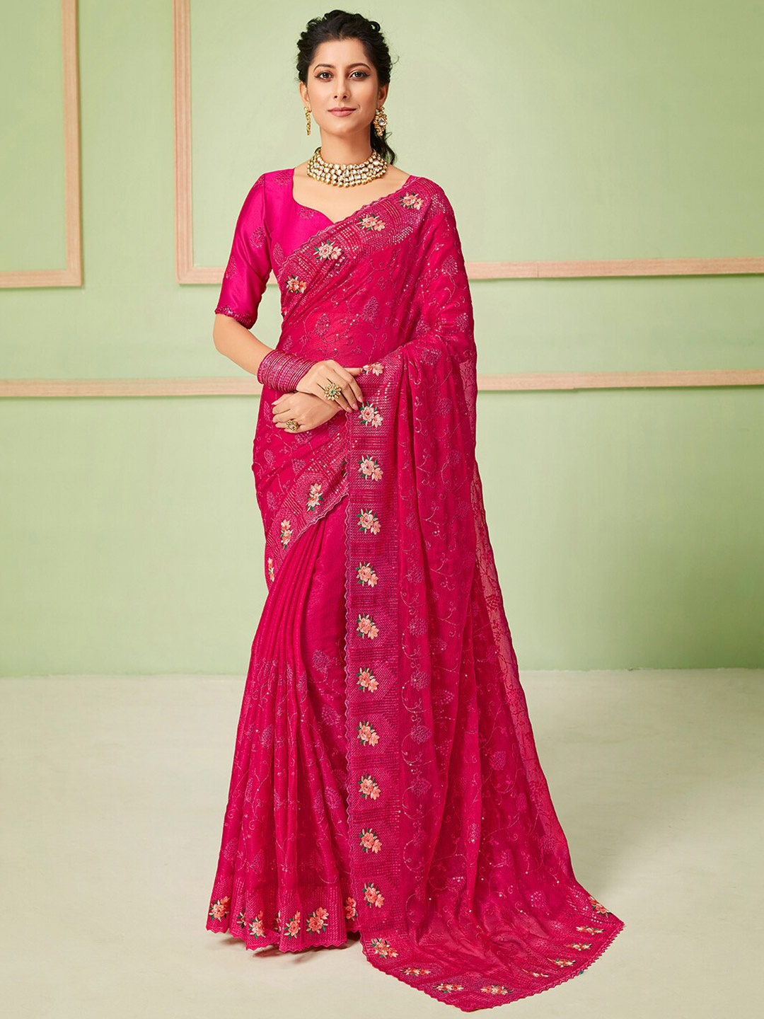 

Saree mall Floral Embroidered Sequinned Detail Sarees, Pink