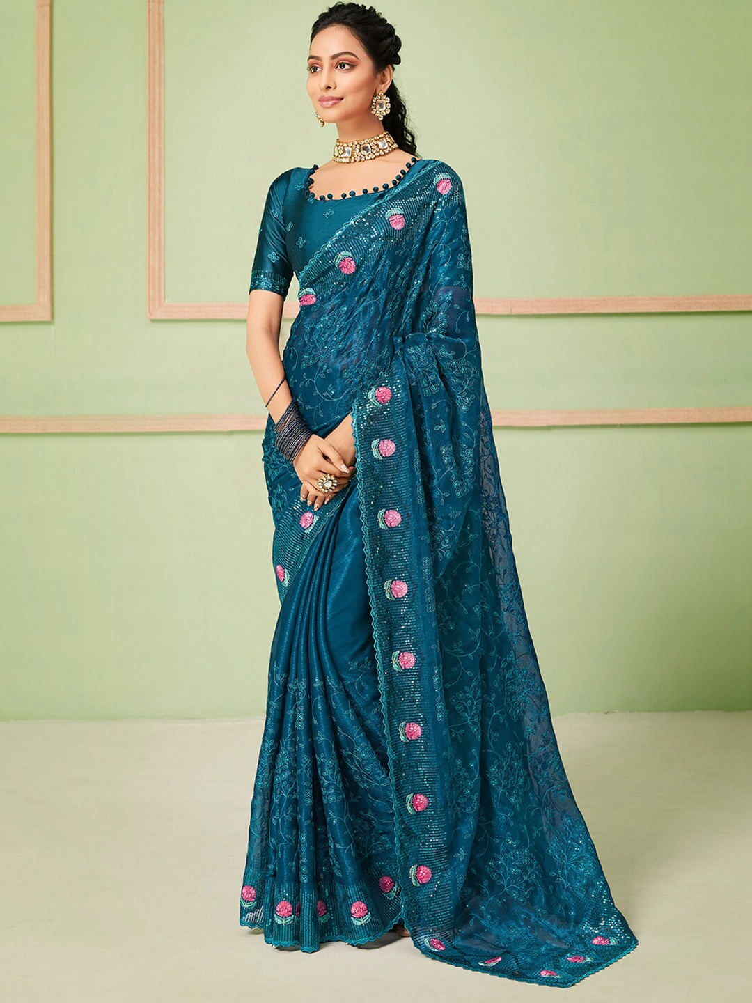 

Saree mall Ethnic Motifs Embellished Sequinned Sarees, Teal