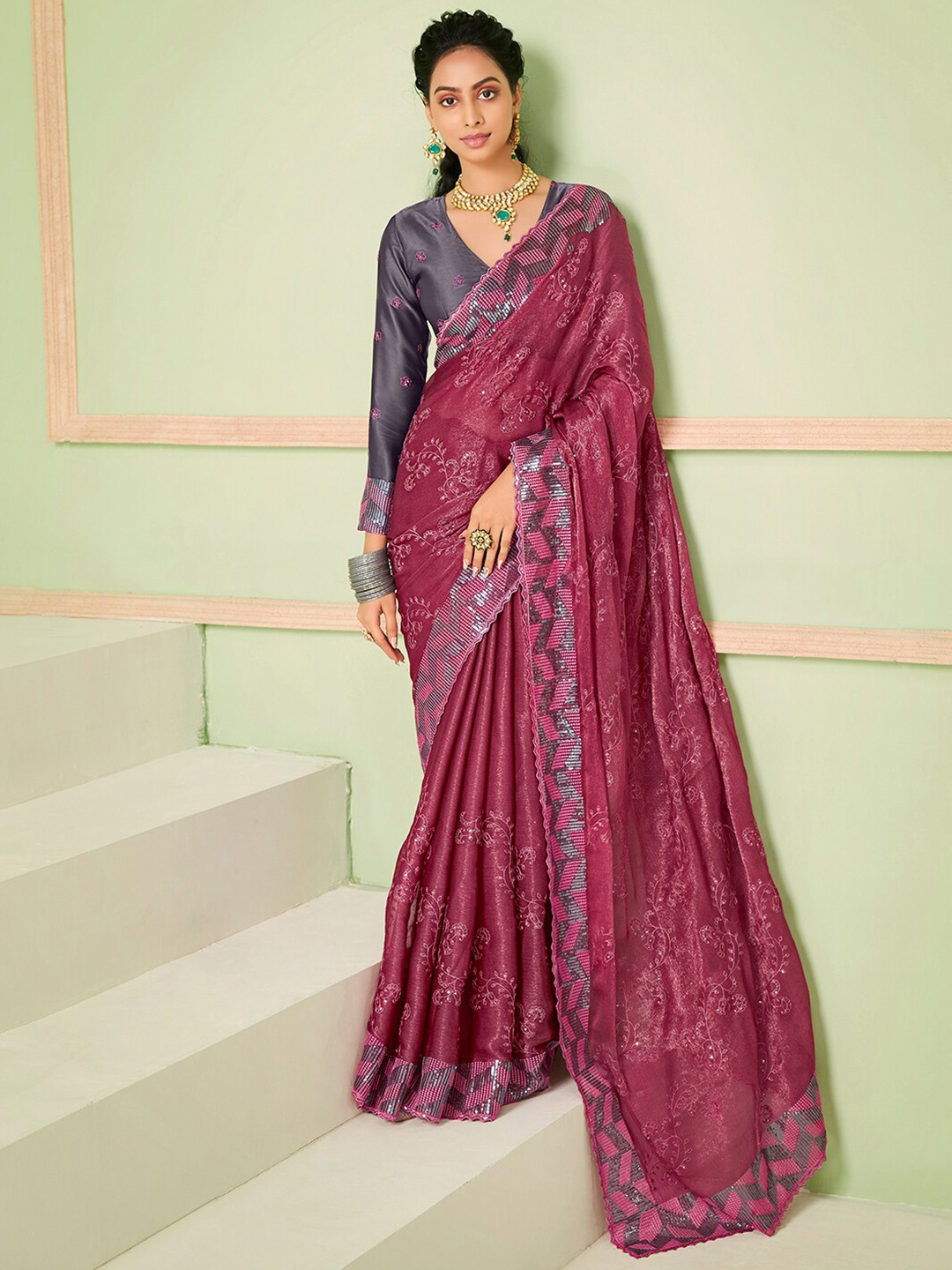 

Saree mall Floral Embroidered Sequinned Detail Sarees, Burgundy