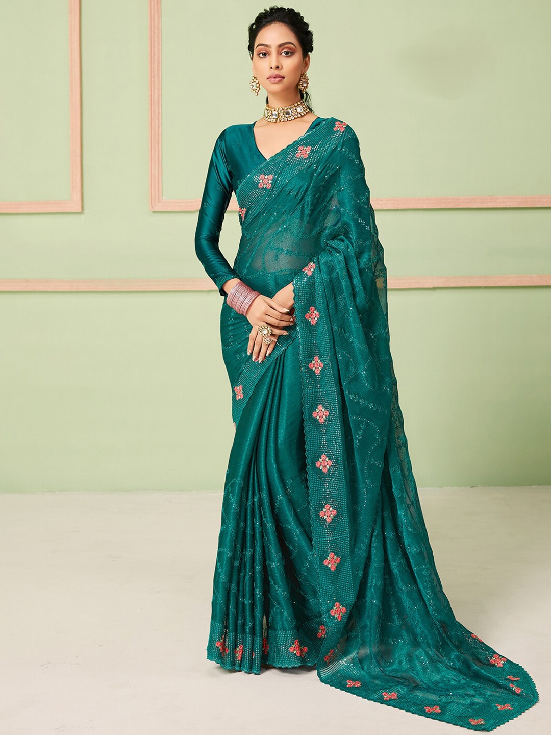 

Saree mall Ethnic Motifs Embellished Sequinned Sarees, Teal