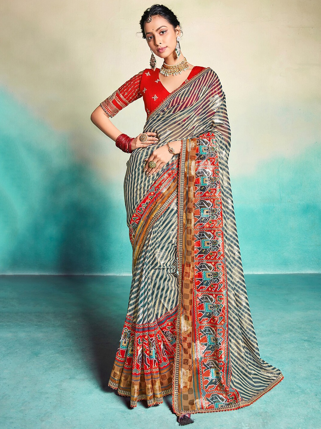 

Saree mall Leheriya Printed Sequinned Poly Georgette Leheriya Sarees, Grey