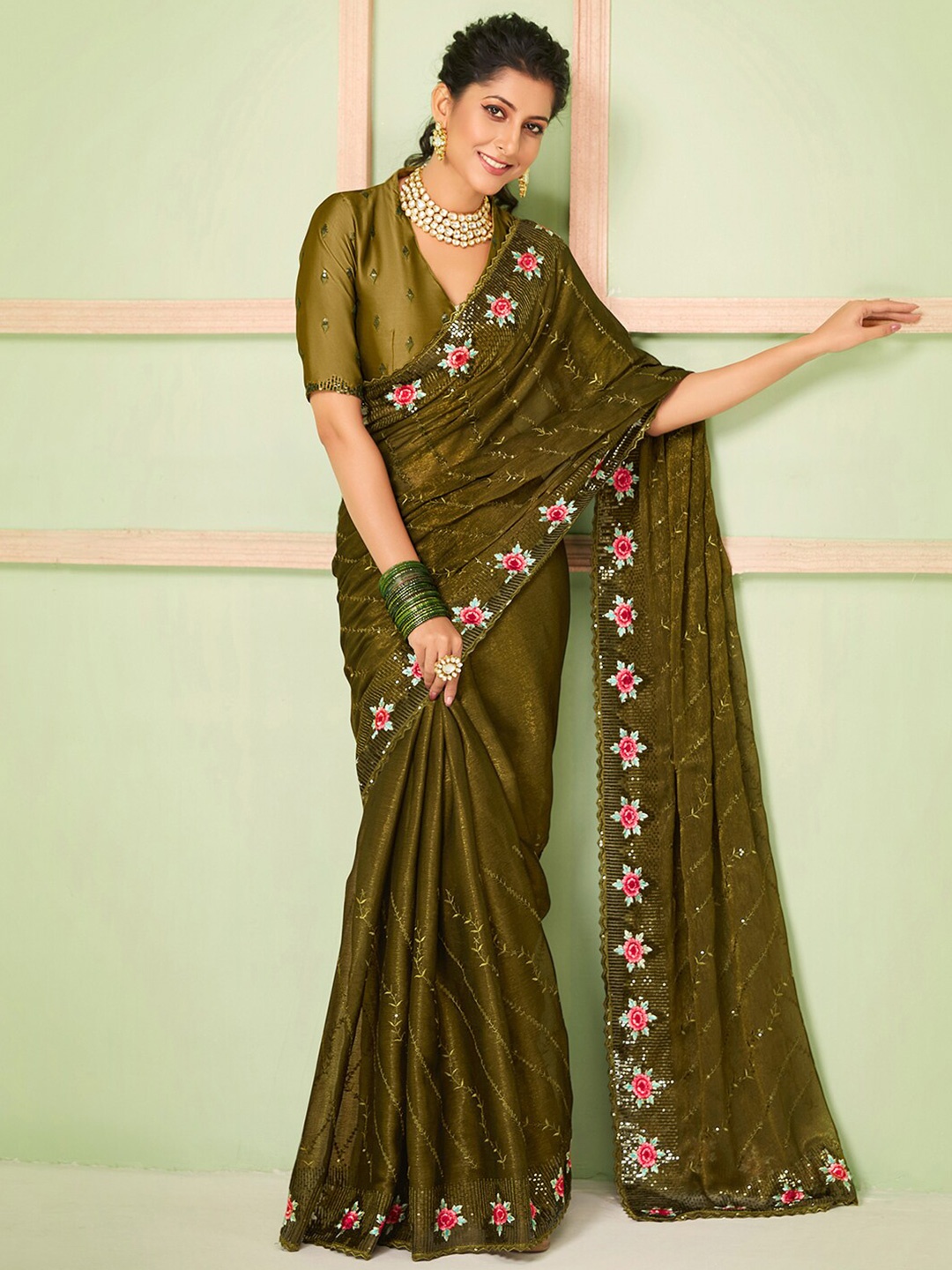 

Saree mall Floral Embroidered Sequinned Detail Sarees, Olive