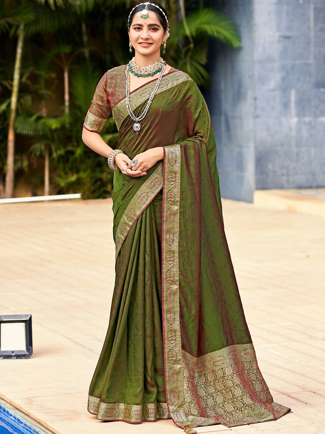 

Saree mall Olive Woven Design Zari Detail Sarees