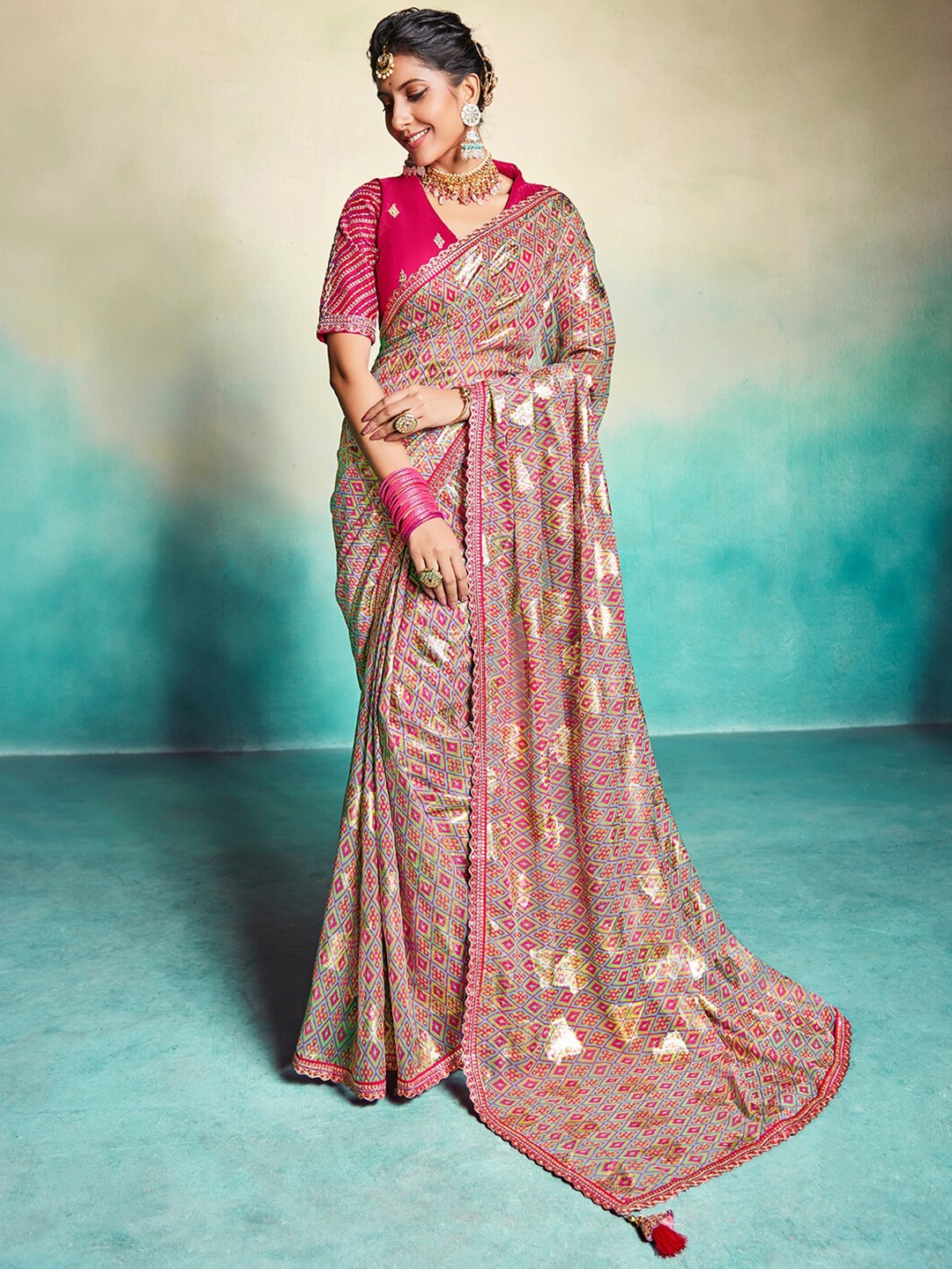 

Saree mall Ethnic Motifs Printed Pure Georgette Sarees, Pink