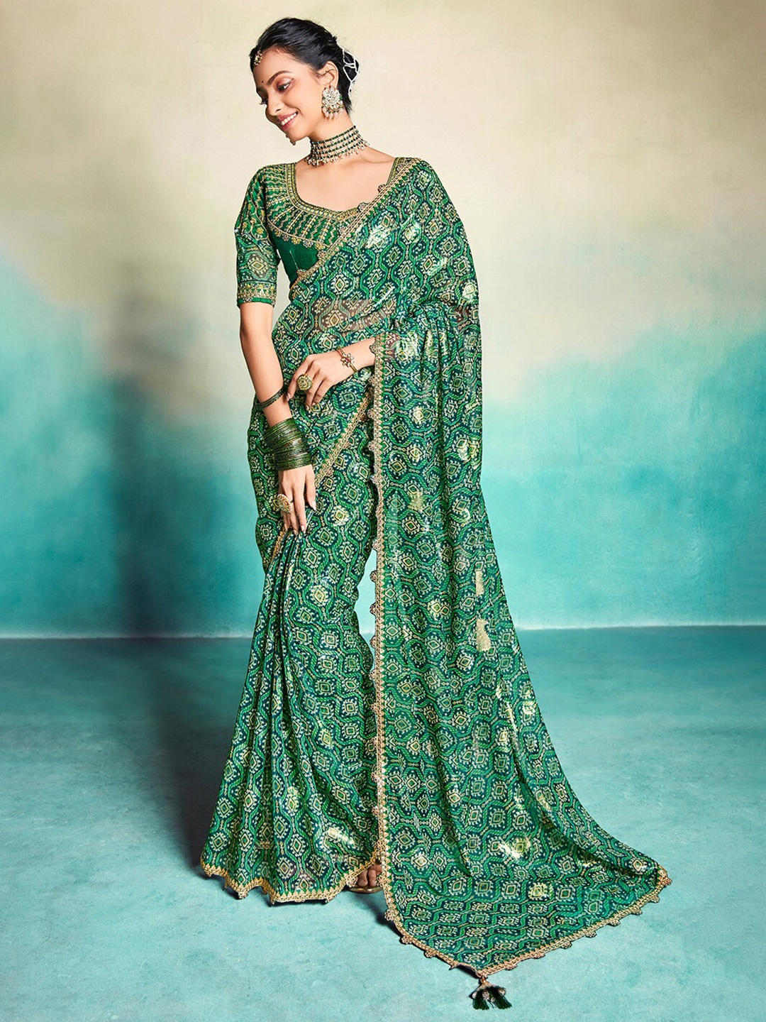 

Saree mall Ethnic Motifs Printed Pure Georgette Sarees, Teal