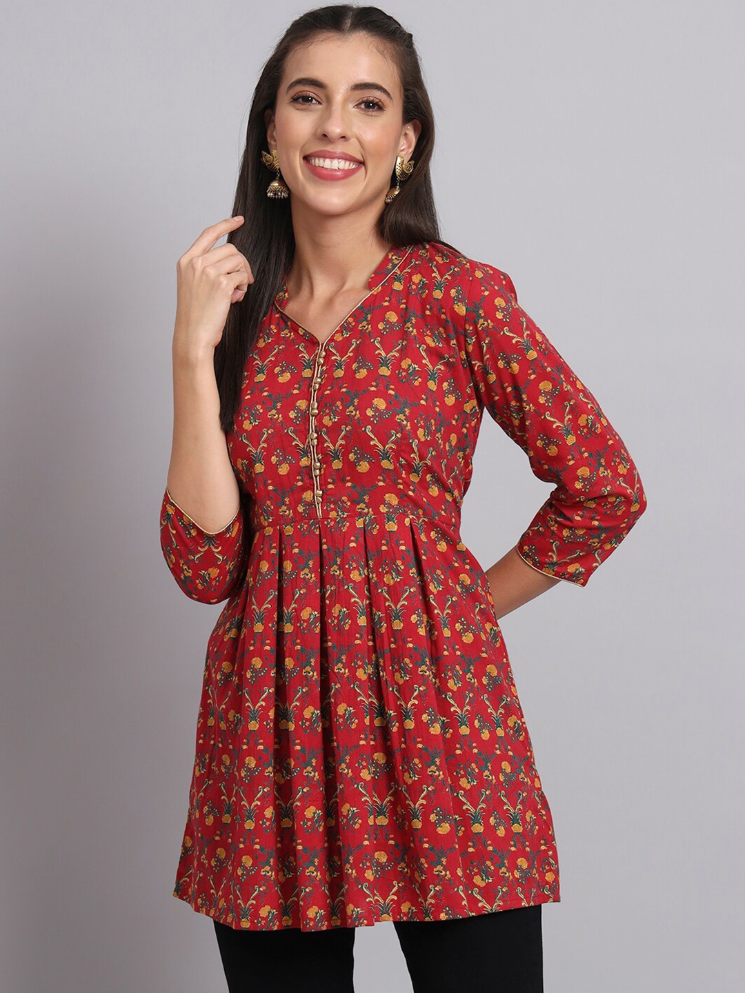 

RANGMAYEE Floral Printed Mandarin Collar Pure Cotton Pleated A-Line Kurti, Maroon