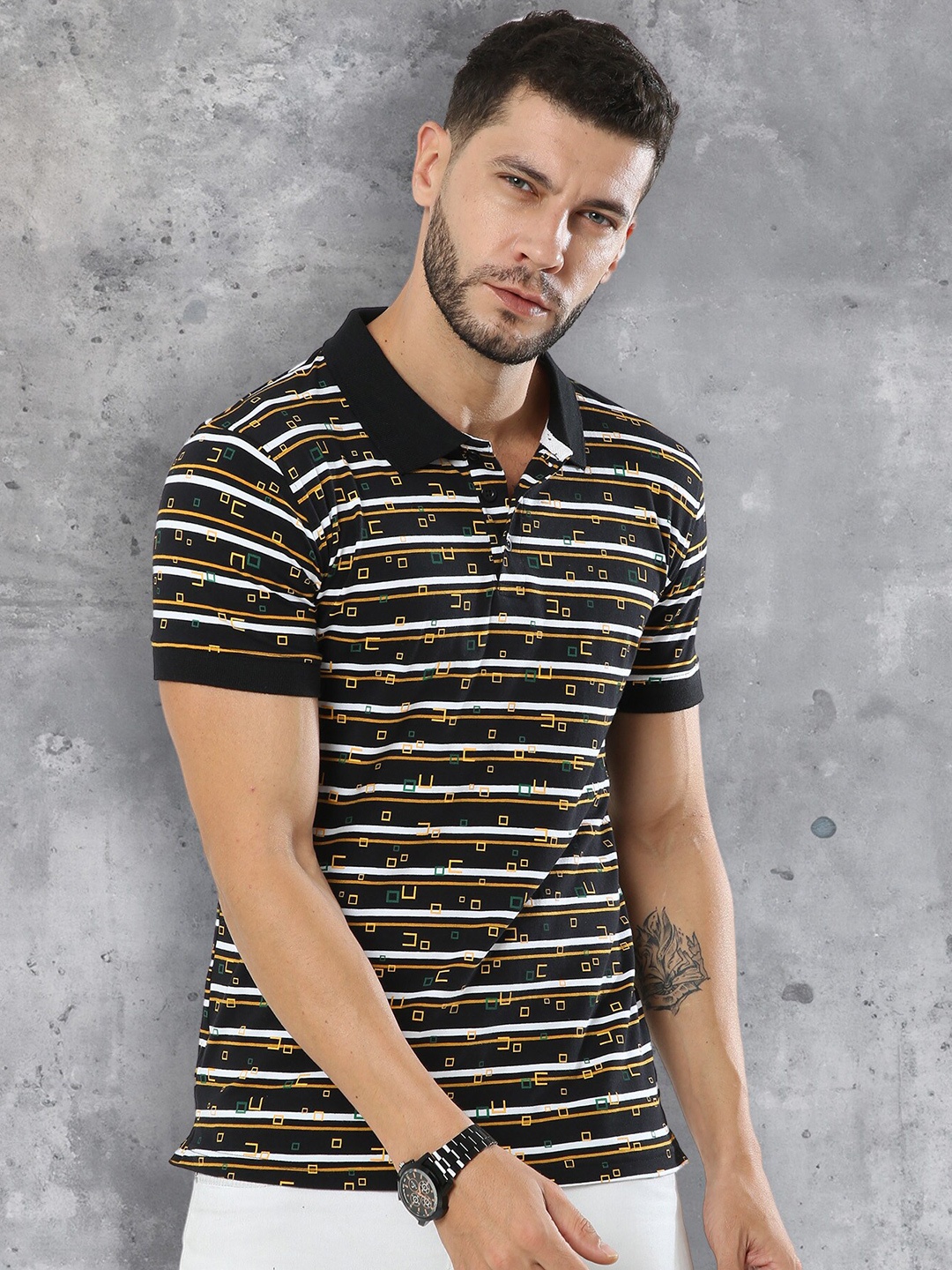

fanideaz Striped Polo Collar Pure Cotton T-shirt, Black