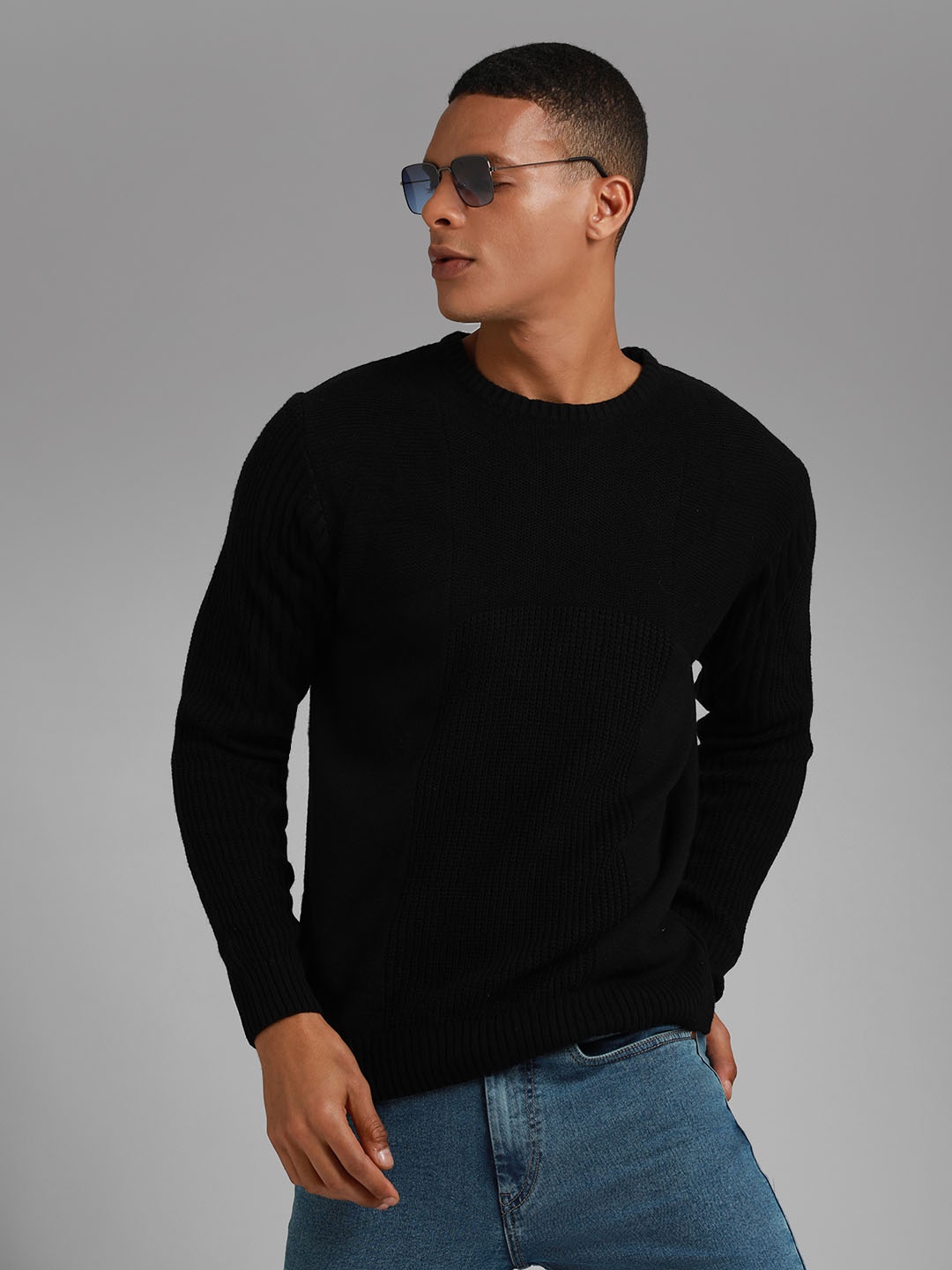 

High Star Ribbed Round Neck Long Sleeves Acrylic Pullover Sweaters, Black