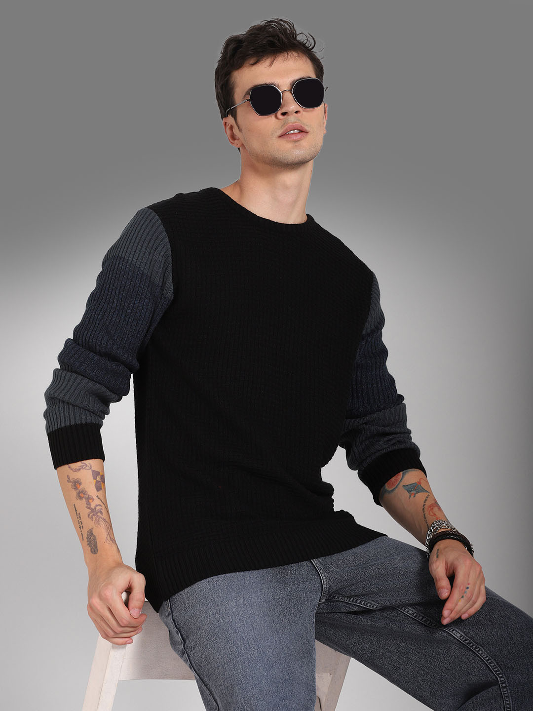 

High Star Ribbed Round Neck Long Sleeves Acrylic Pullover Sweaters, Black