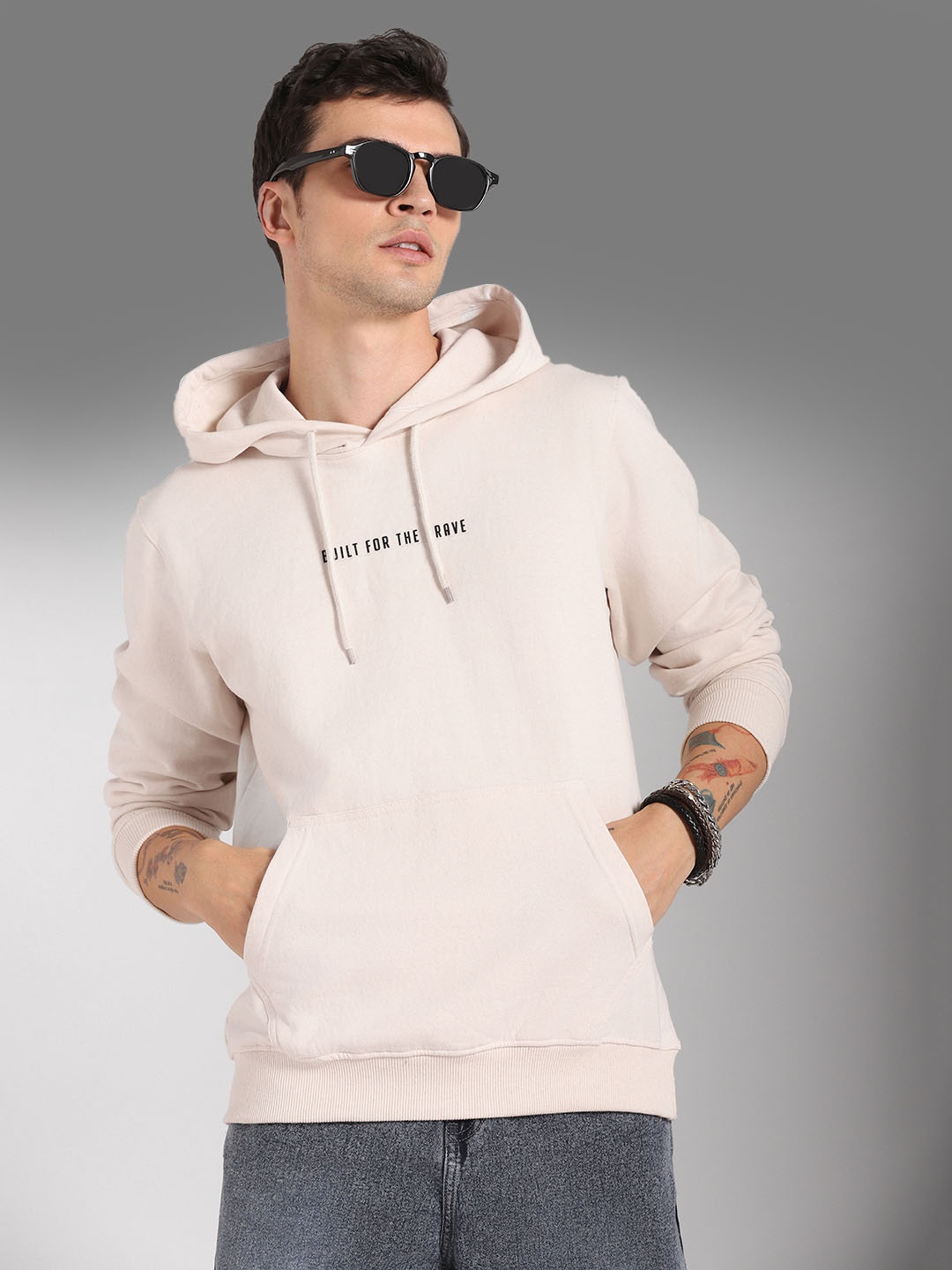 

High Star Hooded Long Sleeves Pullover Sweatshirt, Off white