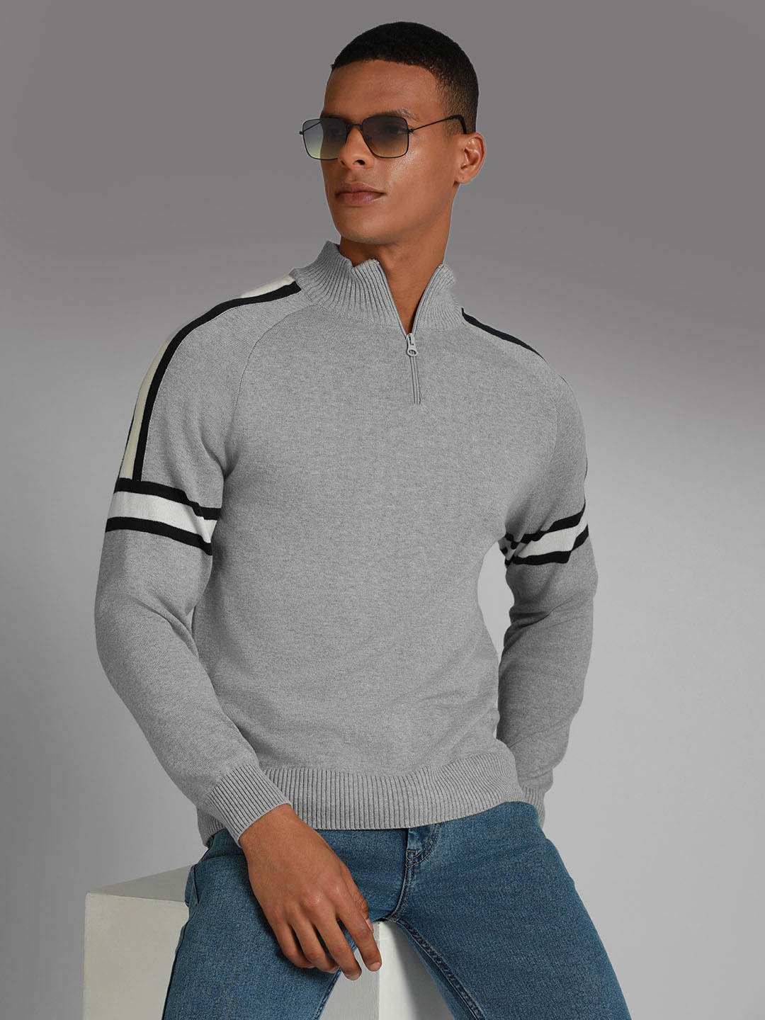

High Star Mock Collar Long Sleeves Acrylic Pullover Sweaters, Grey