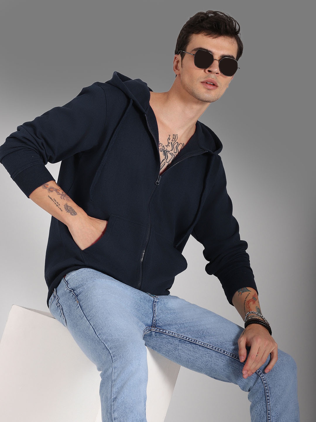 

High Star Hooded Long Sleeves Front-Open Sweatshirt, Blue